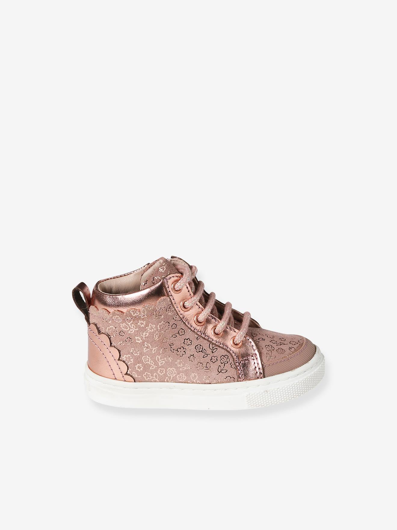 Baskets montantes en cuir lacées et zippées bébé rose imprimé