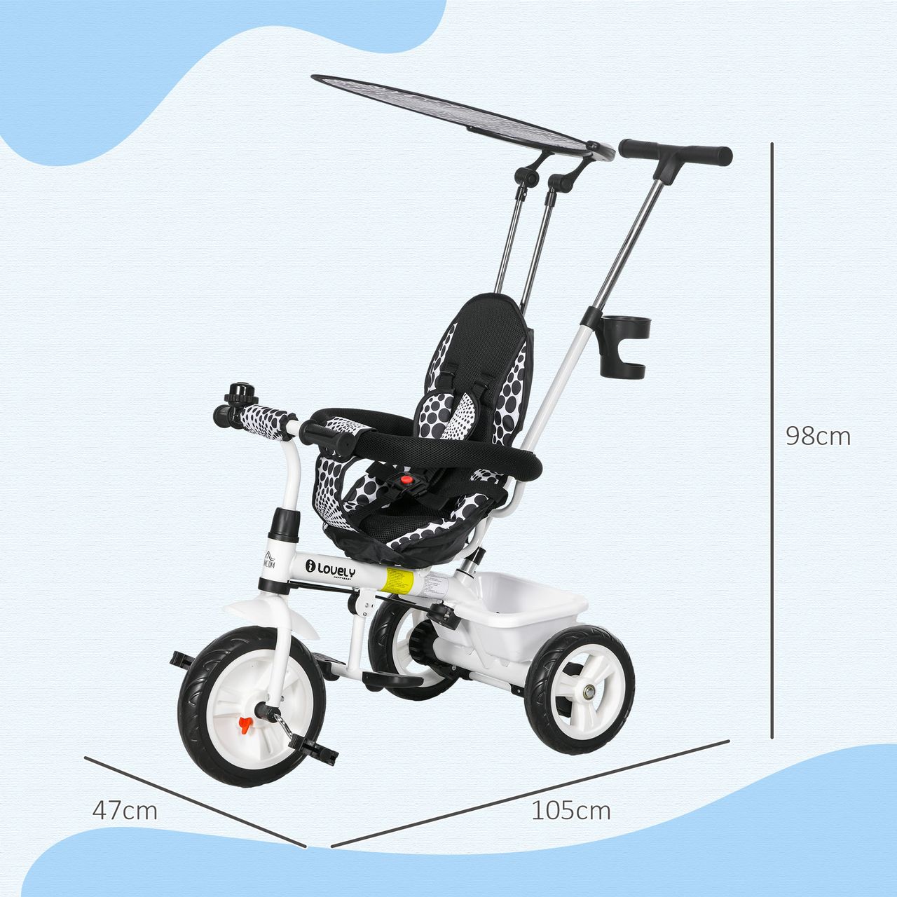 HOMCOM 6-in-1 Dreirad mit Schubstange, Kinderdreirad mit Sonnendach, Korb,  Weiß