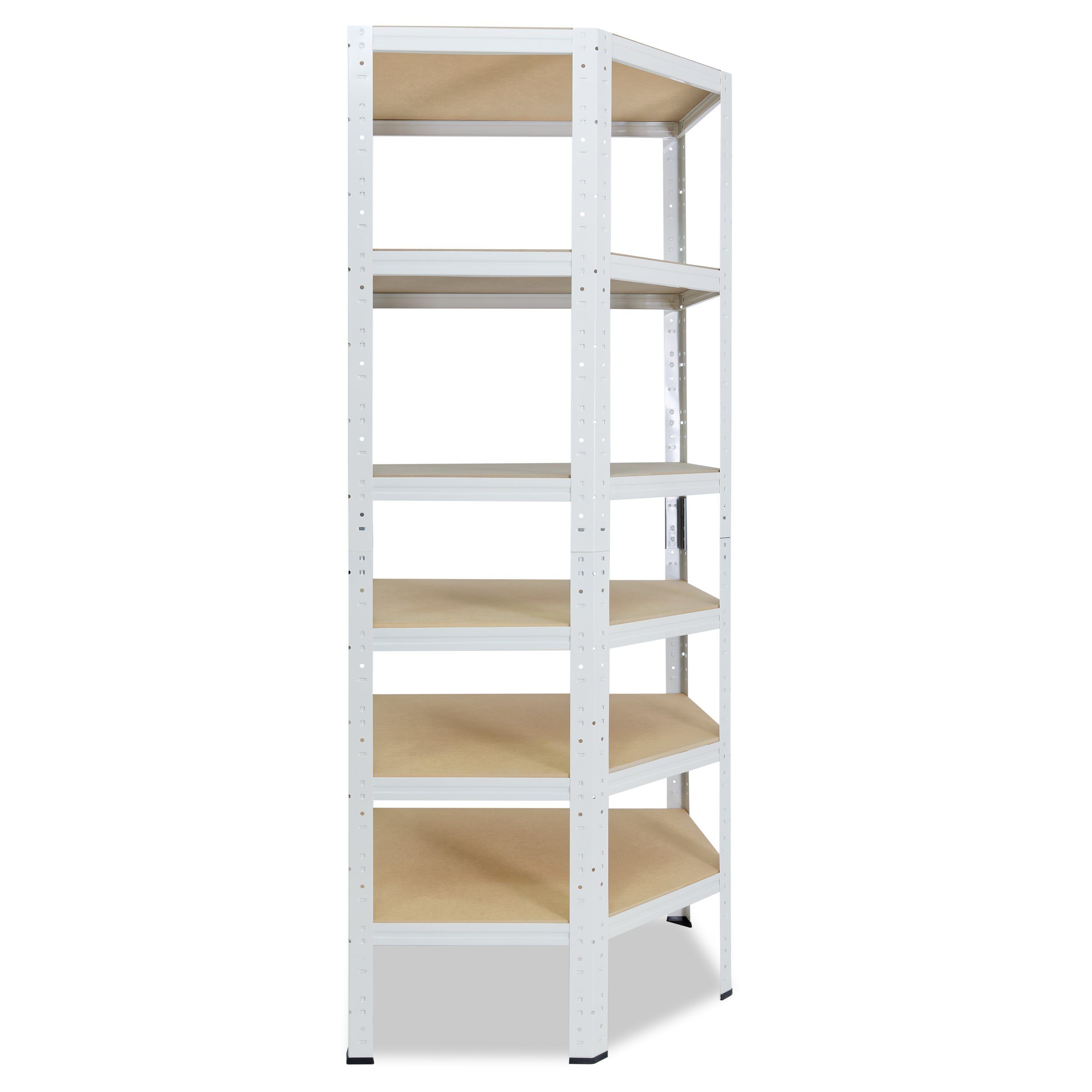 shelfplaza Eckregal HOME, 200x80x50cm weiß, Metall Eckregal stehend mit 6 Böden, Corner Shelf 145kg Tragkraft Schwerlastregal Ecke, Steckregal verzinkt Eckregal Keller Garagen Regal
