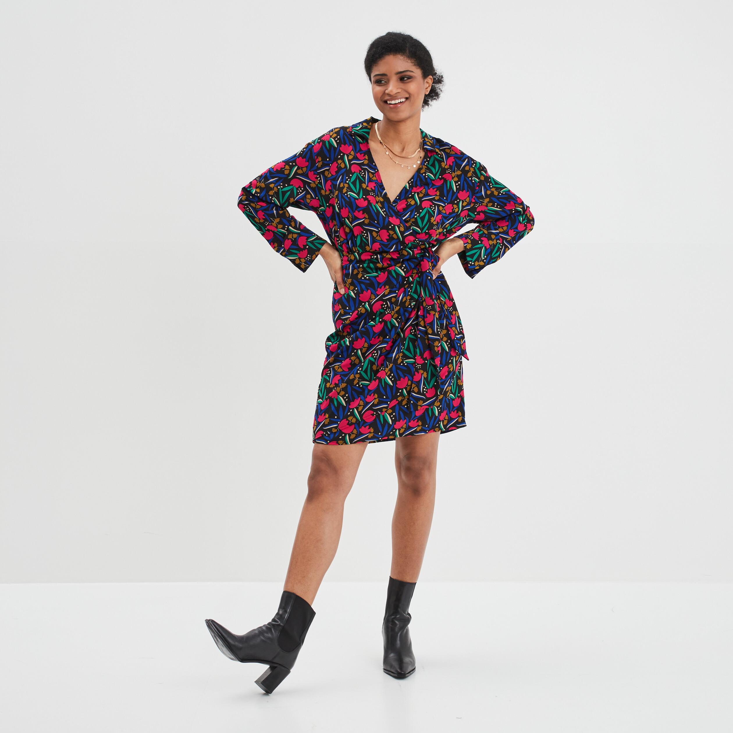 Robe col cache-coeur avec noeud noir femme | La Halle