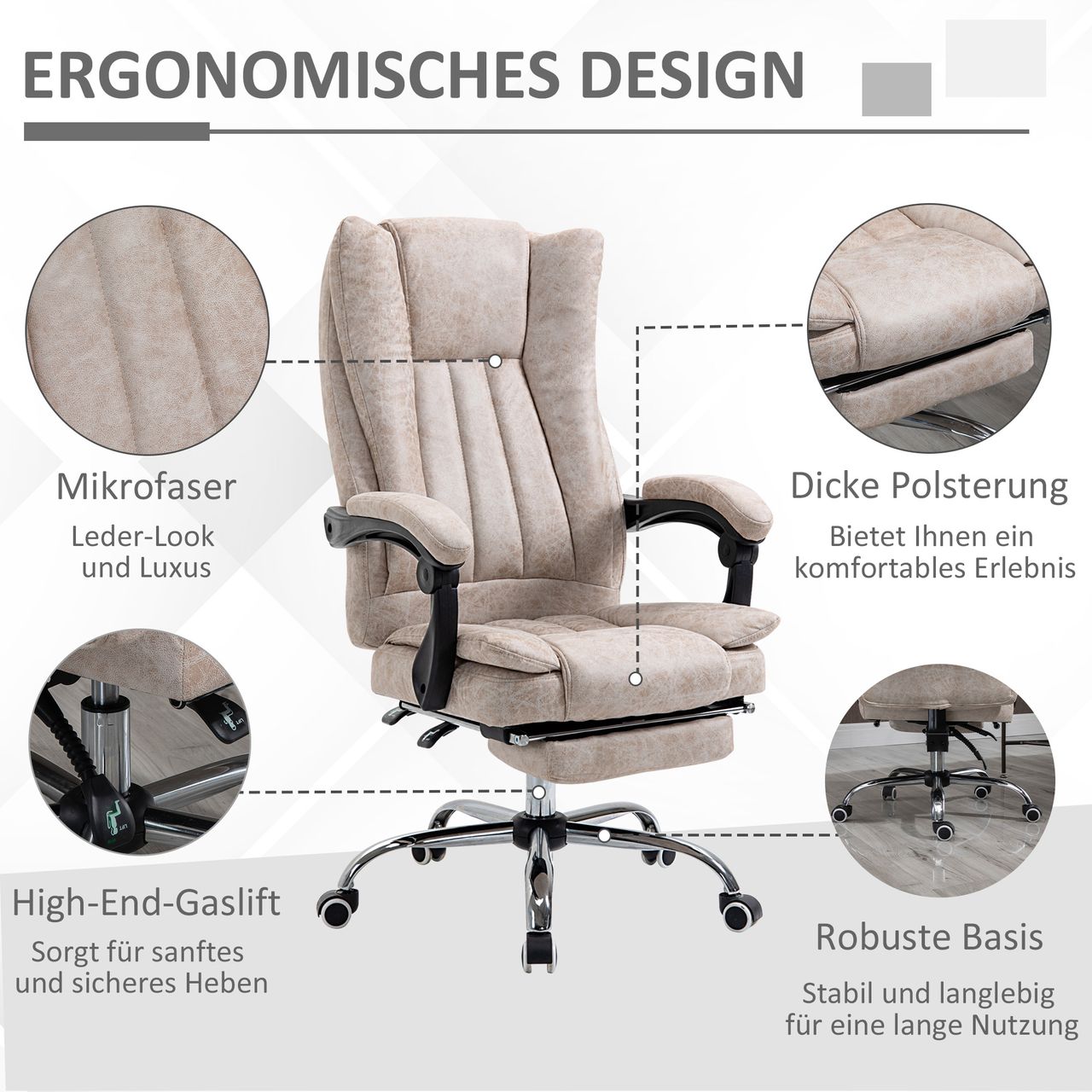 Vinsetto Bürostuhl Drehstuhl mit Liegefunktion Fußstütze Bürosesse Beige Schwarz Silber 63 x 71 x 110-118 cm