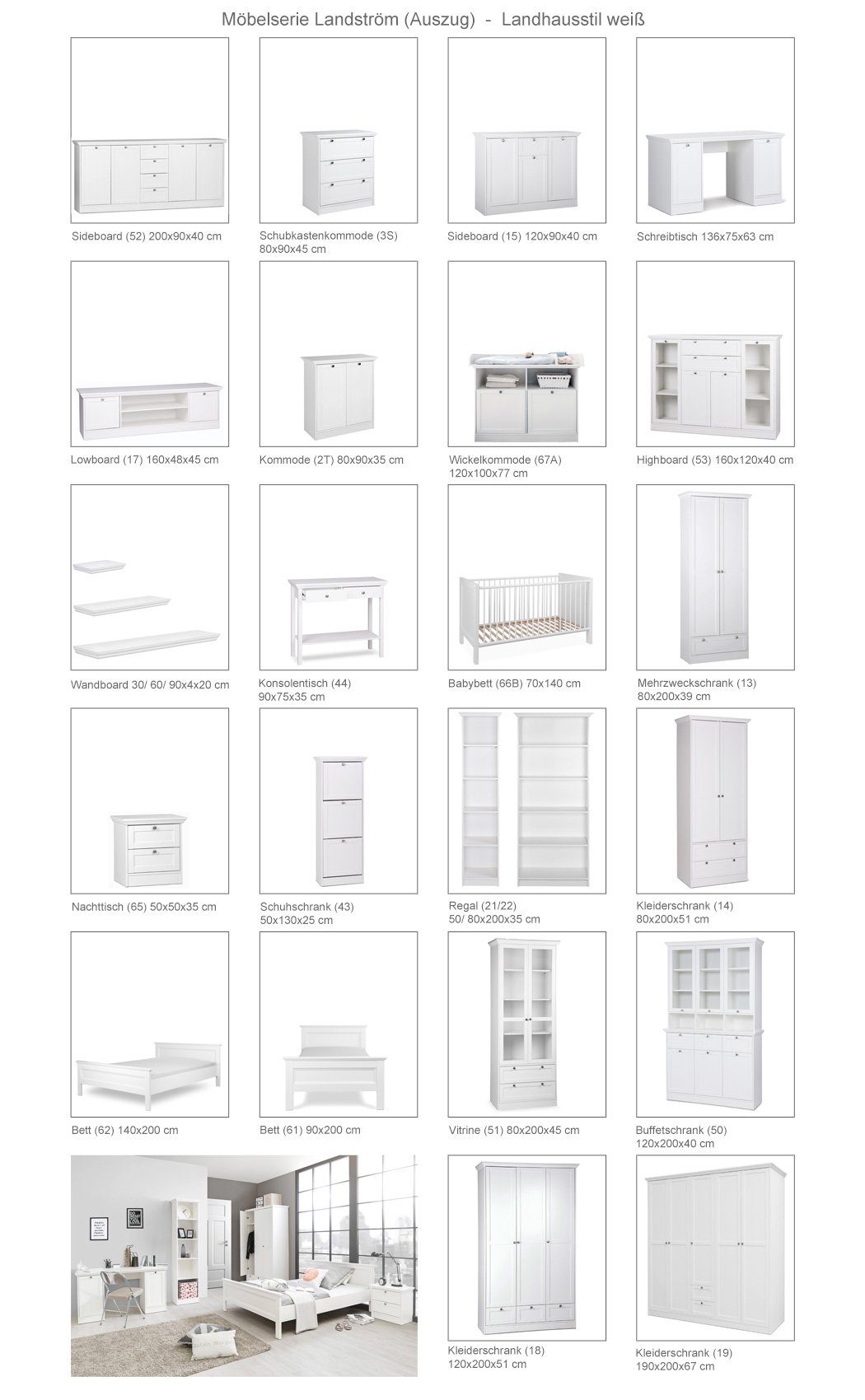 expendio Jugendzimmer-Set Landström, (Spar-Set, 3-St), Landhausstil weiß Bett 140x200 cm