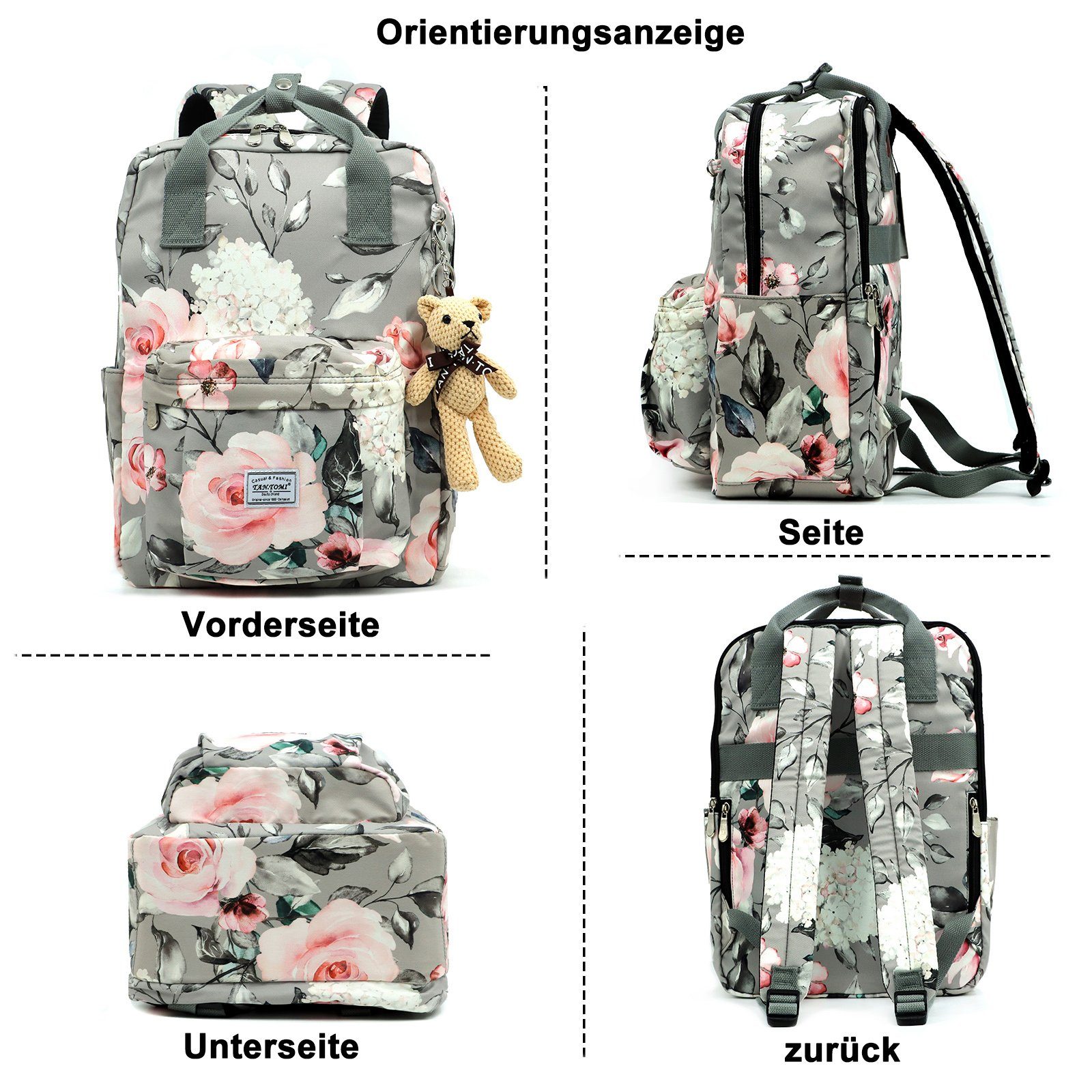 TAN.TOMI Schulrucksack Schulrucksäcke Damen Herren Tagesrucksack mit laptopfach, wasserdichte Mitgeliefert wird ein kleiner Teddybär-Anhänger