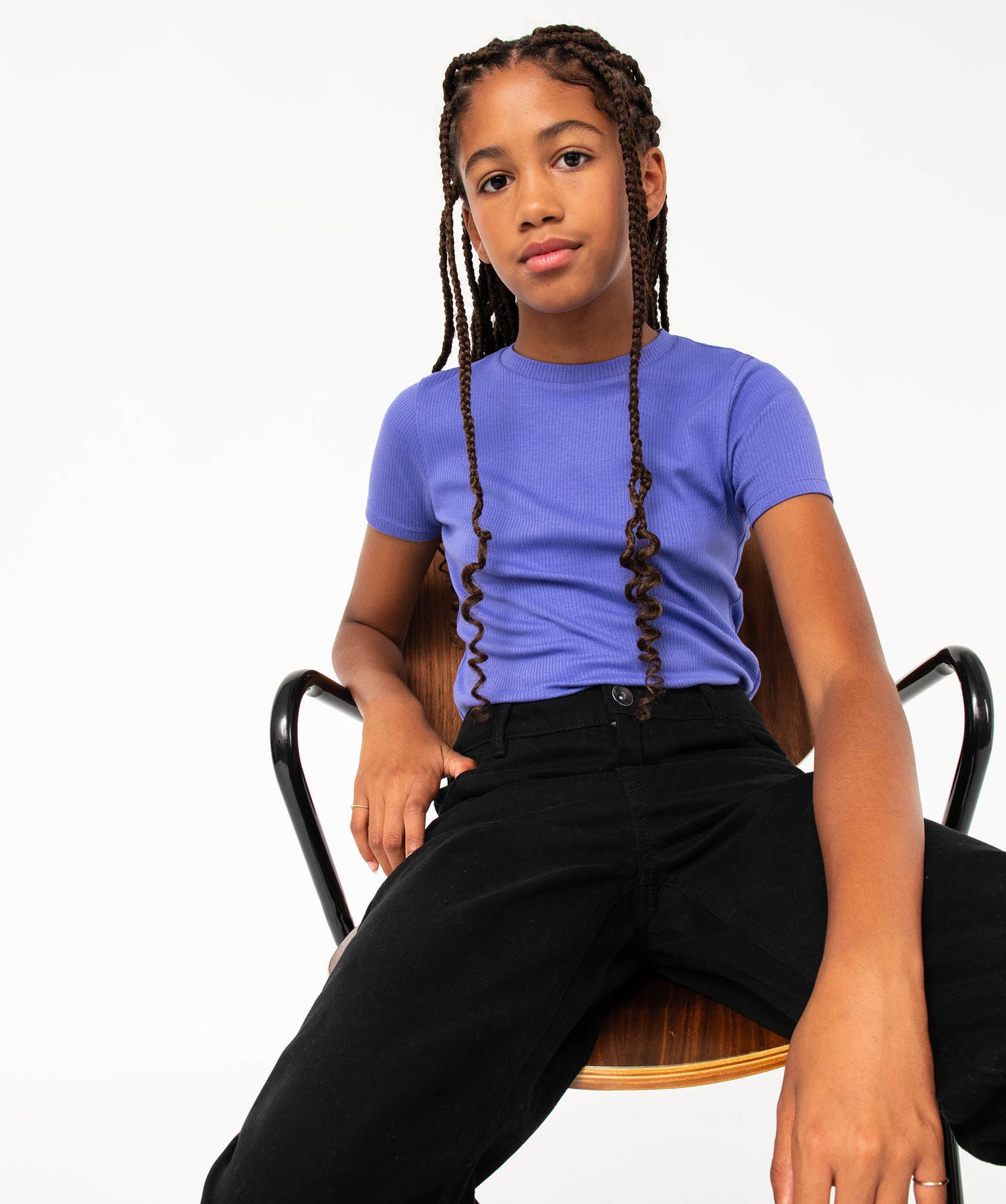 Tee-shirt fille en maille ctelée à manches courtes violet clair | GEMO