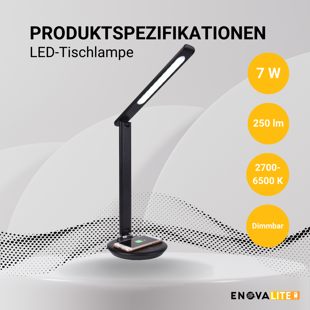 ENOVALITE LED-Tischleuchte mit induktiver und USB-Ladestation, Dimm- und CCT-Funktion
