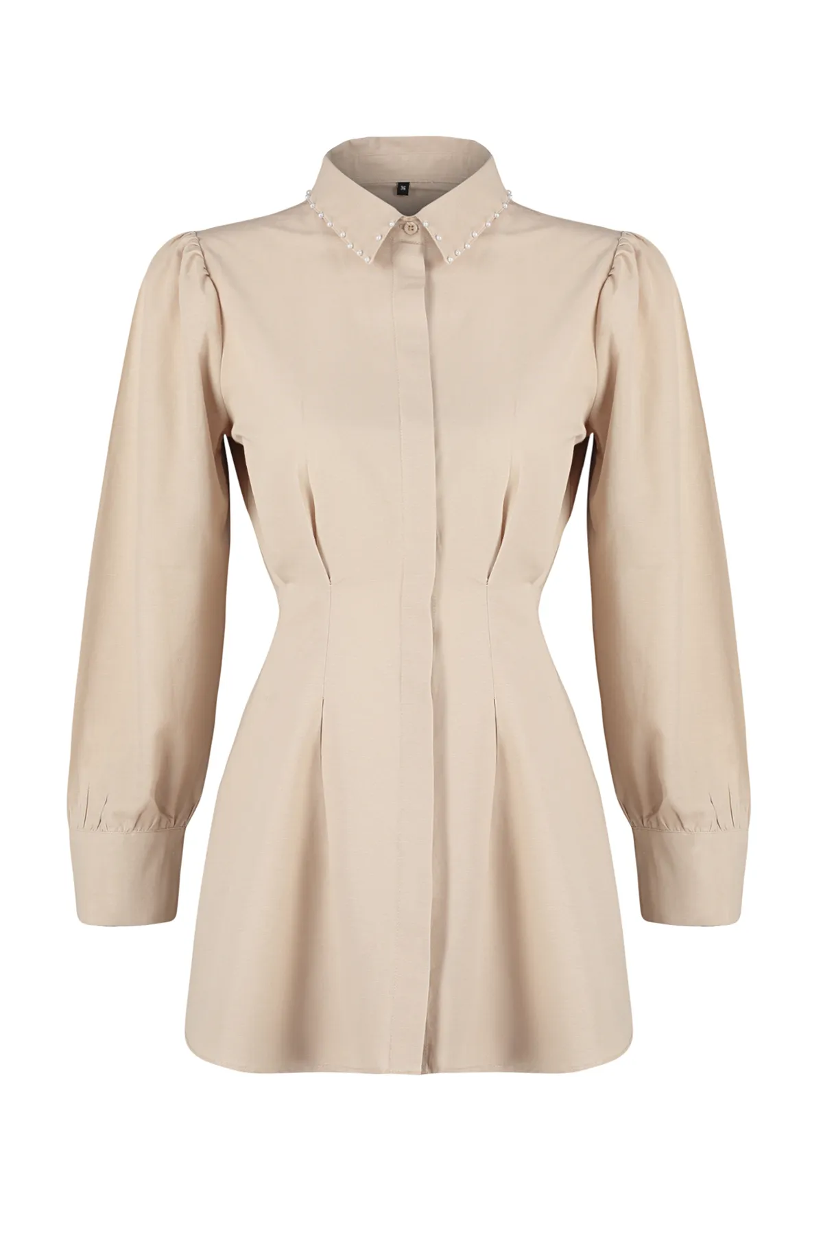 Trendyol Modest  Gewebtes Hemd mit Perlendetails in Steingrau TCTAW24TG00027