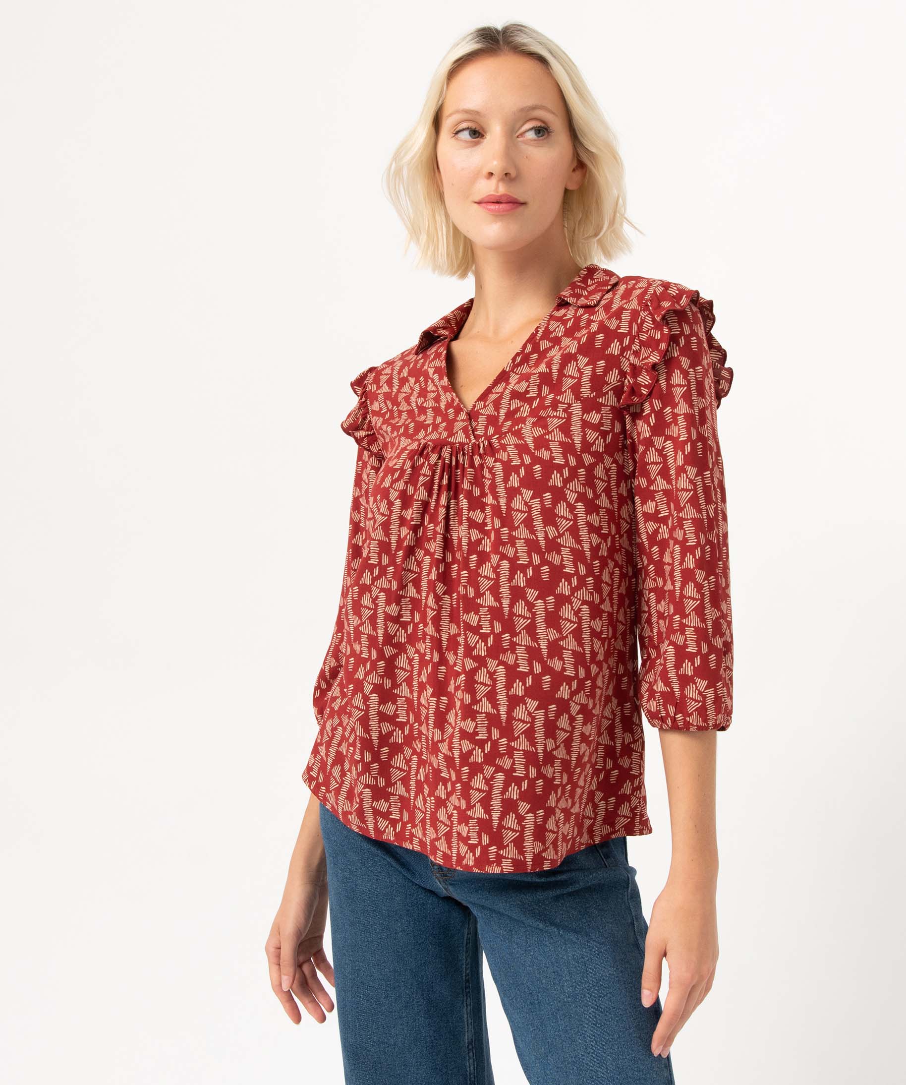 Blouse femme à manches 3/4 avec volants sur les épaules imprime | GEMO