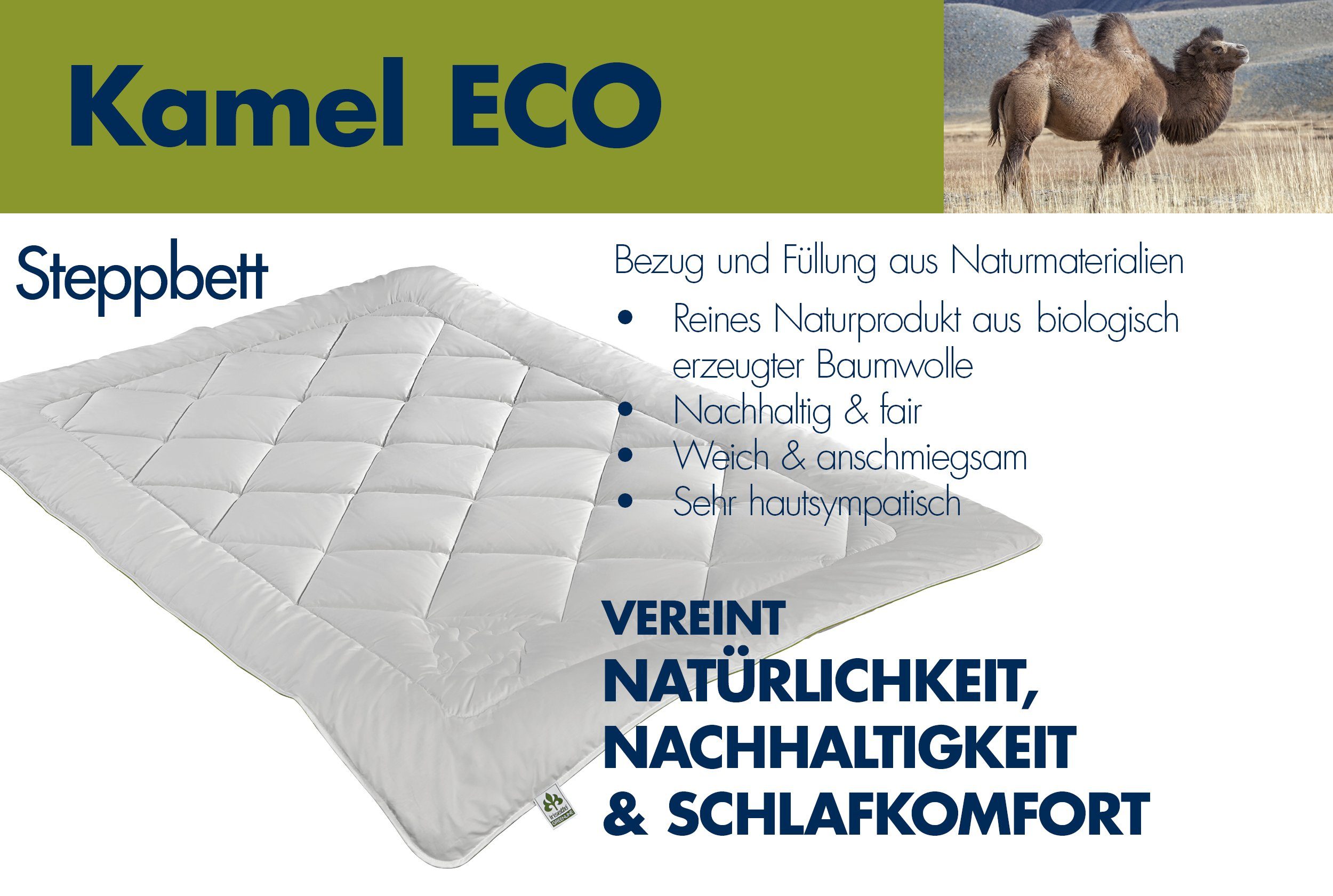 Naturhaarbettdecke, Steppbett Irisette Greenline Kamel Eco, irisette GREENLINE, Füllung: 100% Kamelhaar, Bezug: 100% Baumwolle aus kontrolliert biologischem Anbau, perfekt für Naturliebhaber