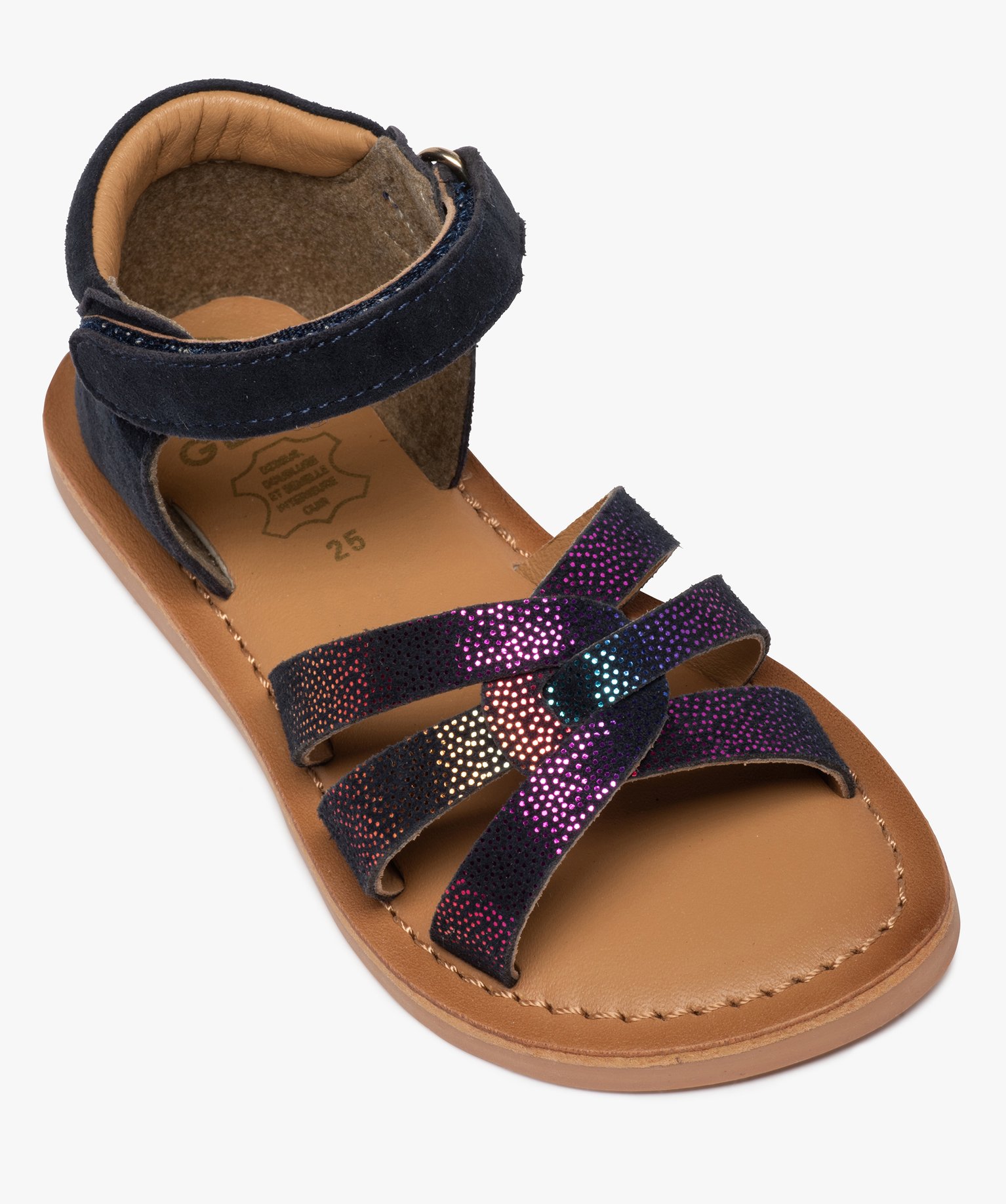 Sandales fille à talon fermé dessus cuir détails brillants bleu | GEMO