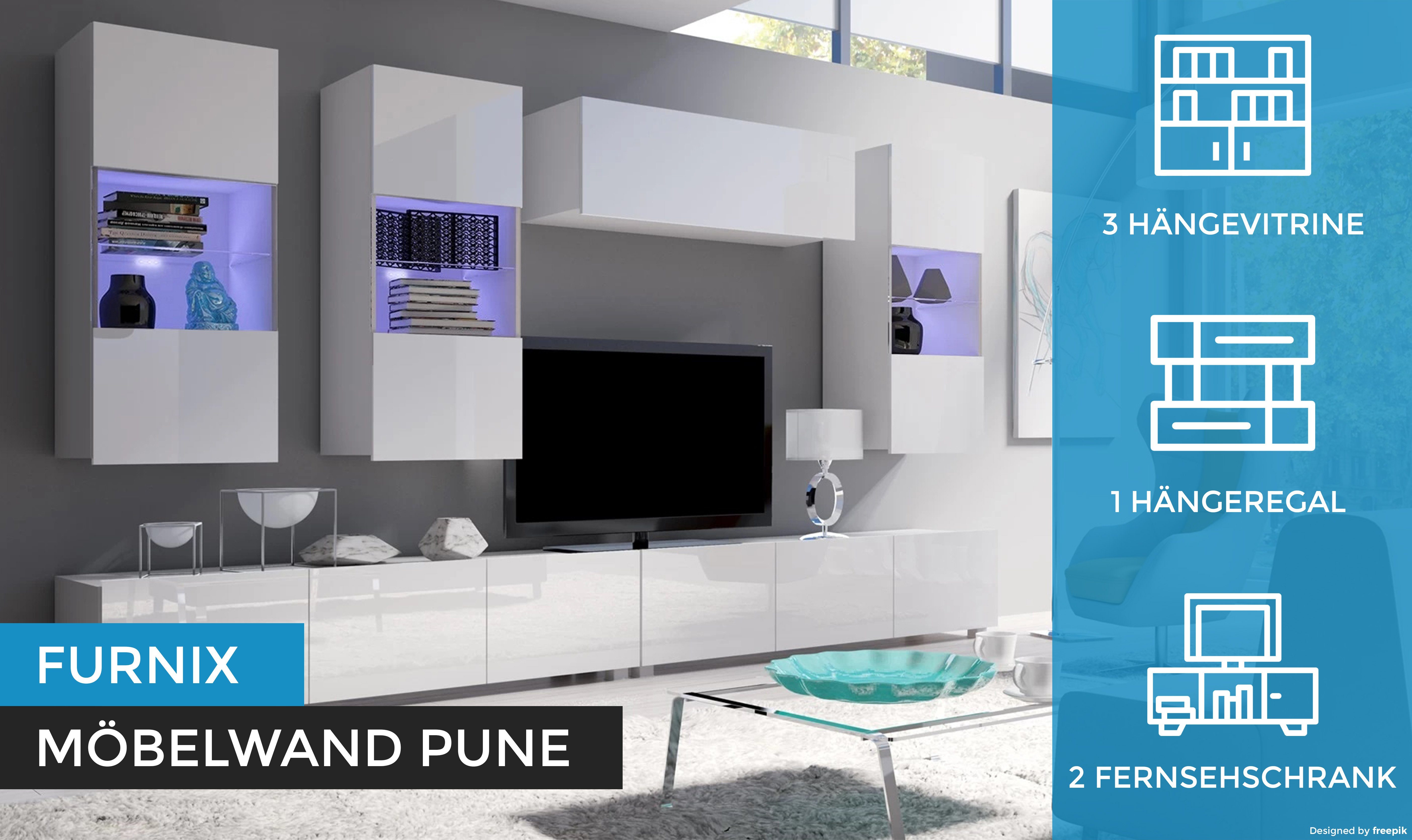 Furnix Wohnwand PUNE5 Mediawand Möbelwand 6-tlg., 300 cm breit