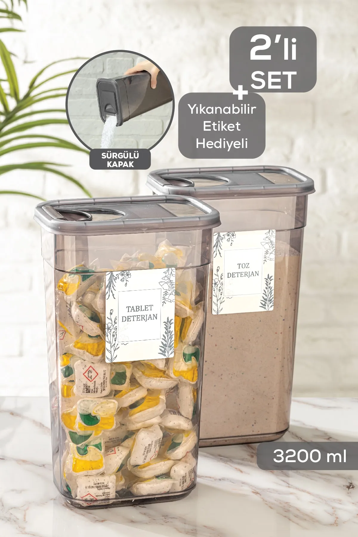 Meleni Home  2-teilige Vega-Tablettenwaschmittel-Aufbewahrungsbox mit Schiebedeckel – beschrifteter rechteckiger Vorratsbehälter 2x3,2 Lt