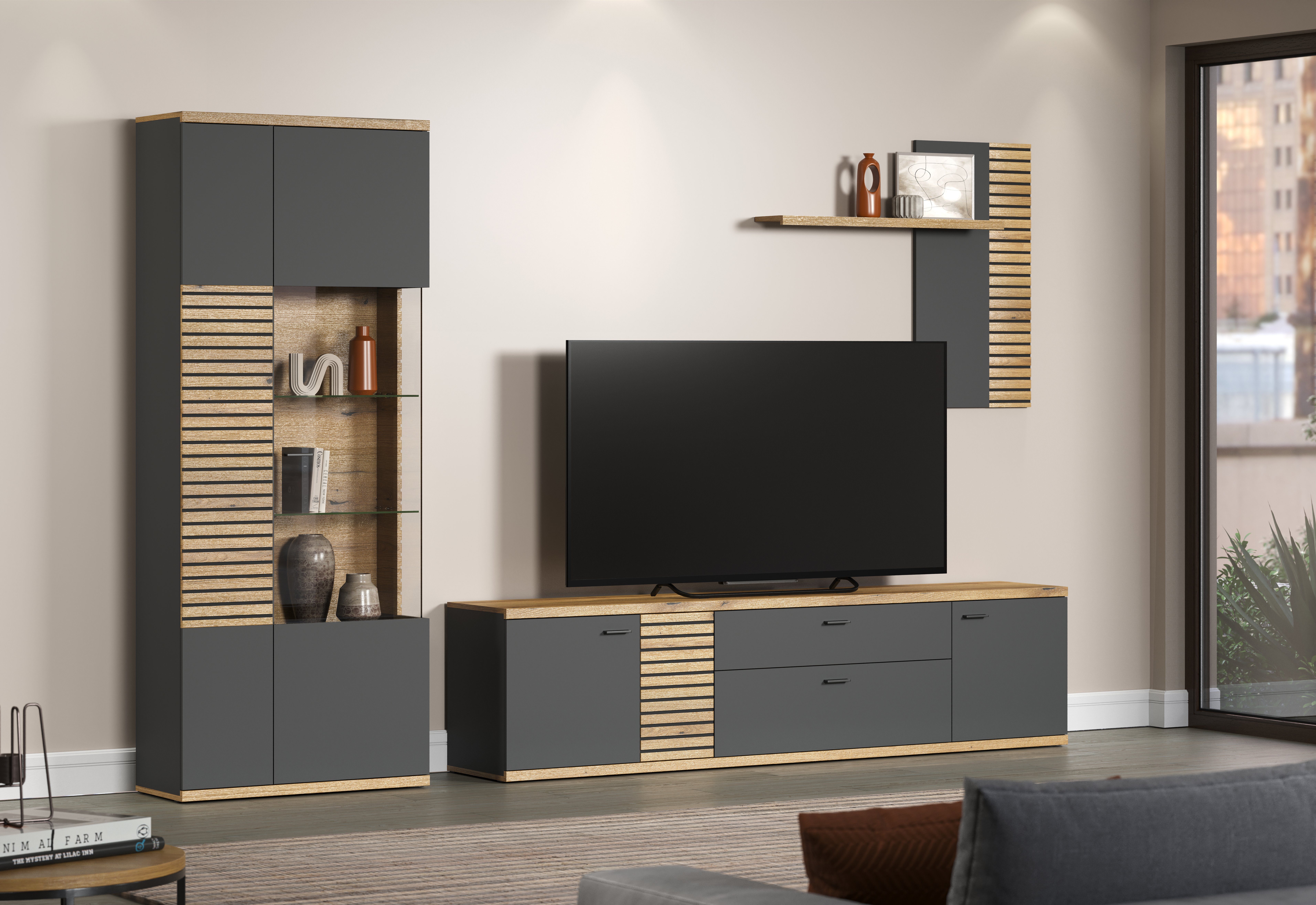INOSIGN Wohnwand NORRISWW, (Set, 3-St), Wohnwand-Set in Anthrazit mit Coast Evoke Eiche, Türen mit Soft-Close