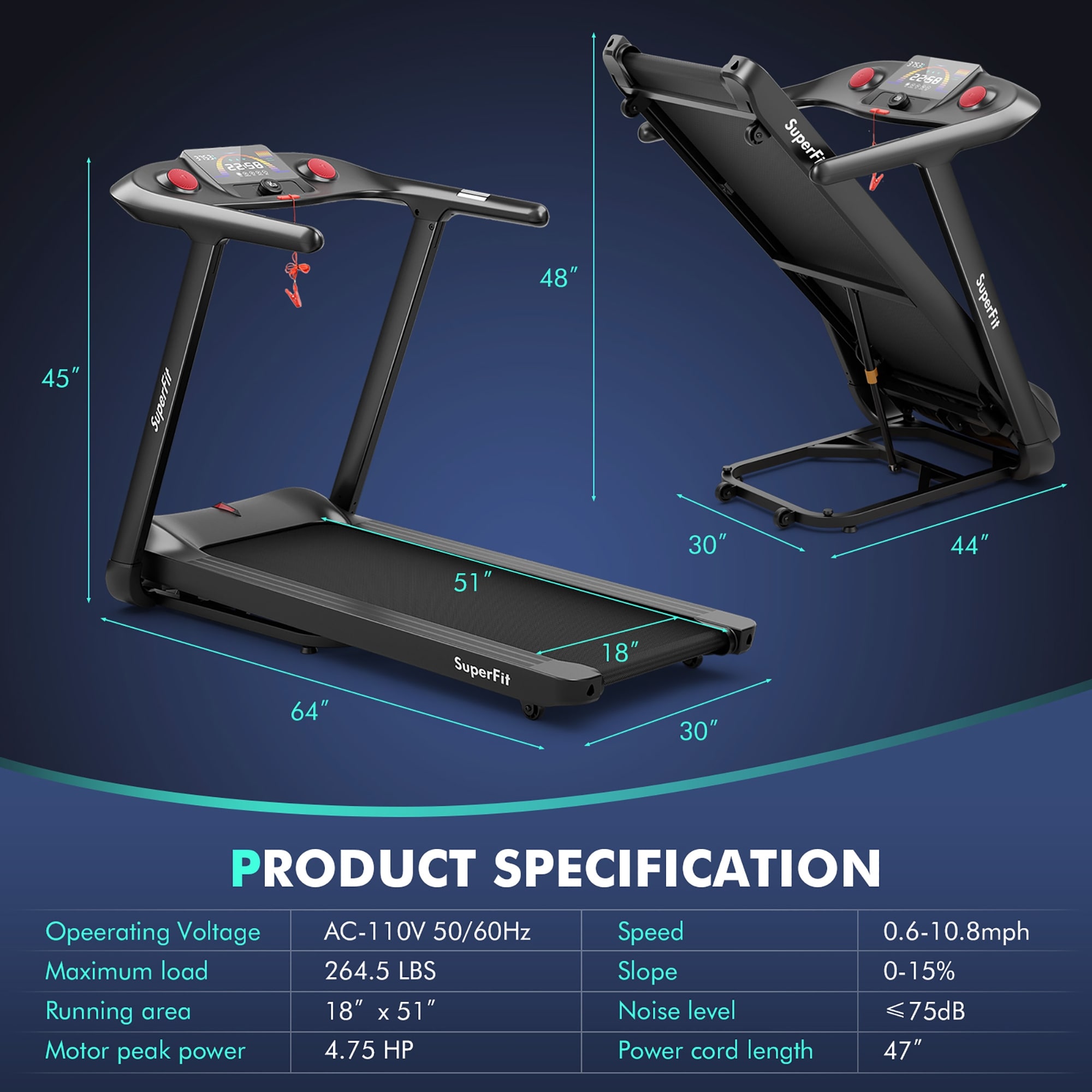 SuperFit 4.75HP Folding Treadmill w/Preset Programs Touch Screen - 64'' x 30'' x 45''