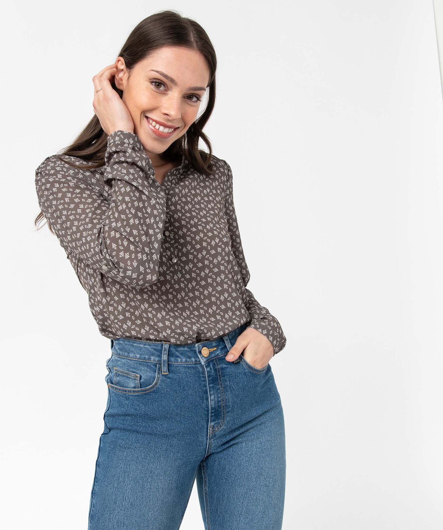 Blouse femme à motifs avec manches retroussables imprime | GEMO