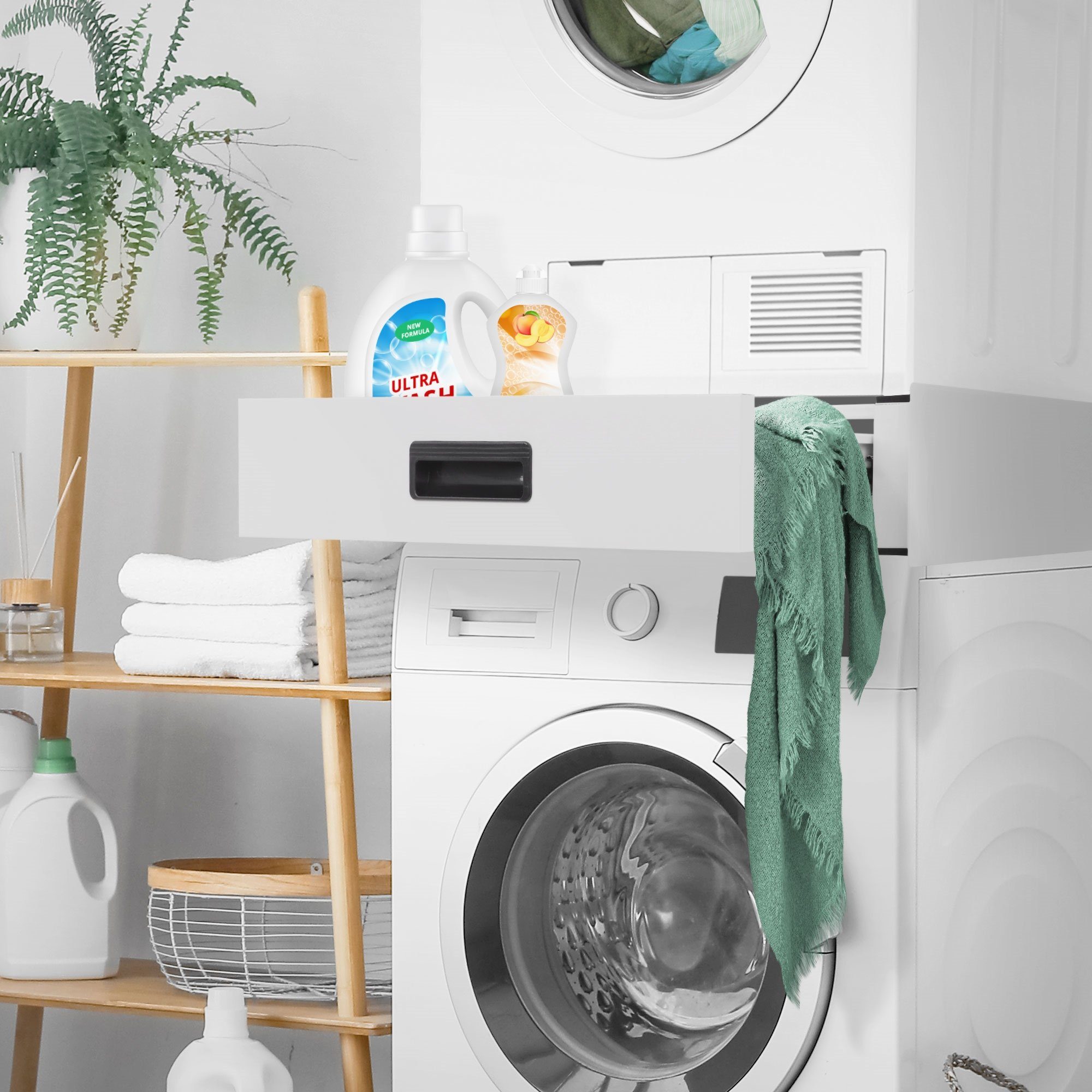 ML-DESIGN Waschmaschinenuntergestell Verbindungsrahmen Waschmaschine und Trockner Zwischenbausatz, Schublade Stahl 60x55cm Weiß rutschfest Universal