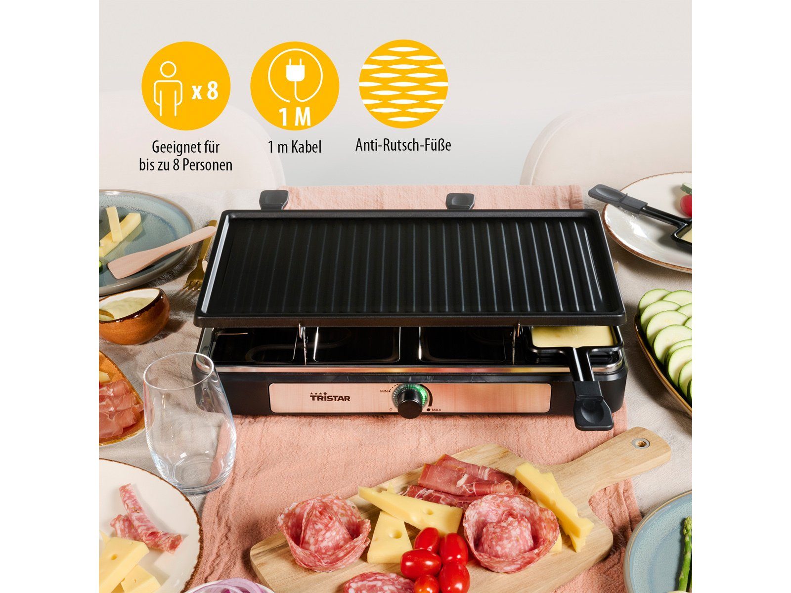 Tristar Raclette, 8 Raclettepfännchen, Gerät für 2-8 Personen Tischgrill Griddle Grillplatte Camping geeignet