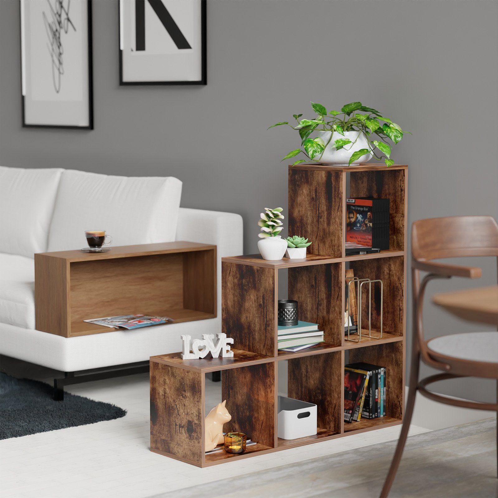 MIADOMODO Raumteiler Treppenregal- Weiß/Braun, 6/10 Fächer, Stabil, Offen, Freistehend, MDF