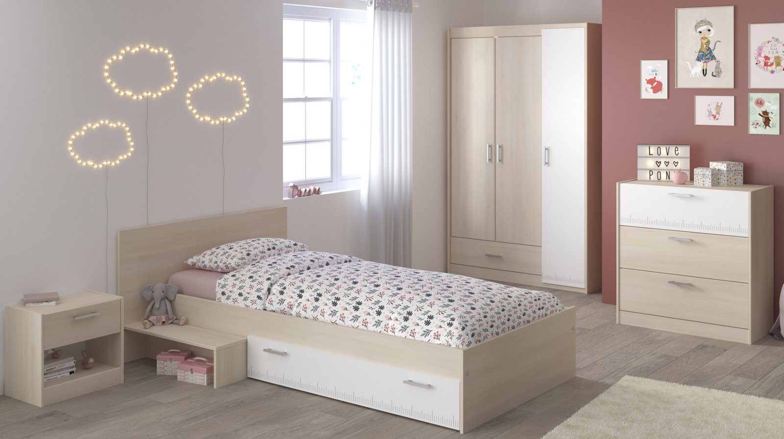 Parisot Jugendzimmer-Set Charly, (Komplett-Set 4-teilig, mit Stauraumbett 90x200 cm und Kleiderschrank 3-türig)
