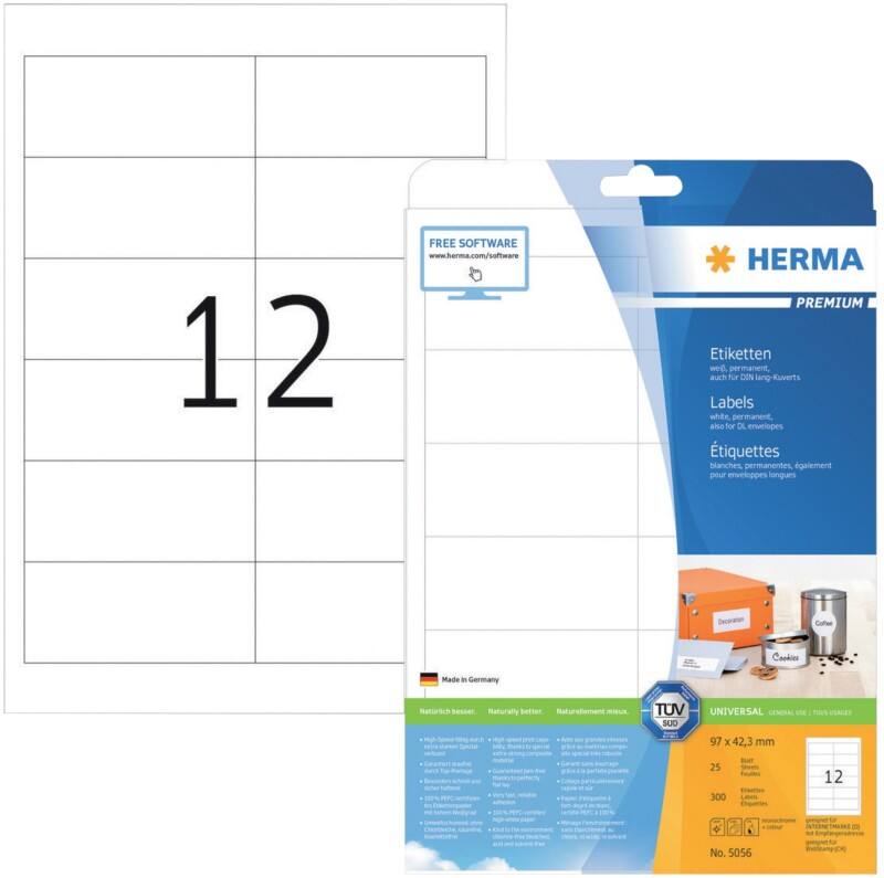HERMA Universaletiketten 5056 Weiß DIN A4 97 x 42,3 mm 25 Blatt à 12 Etiketten