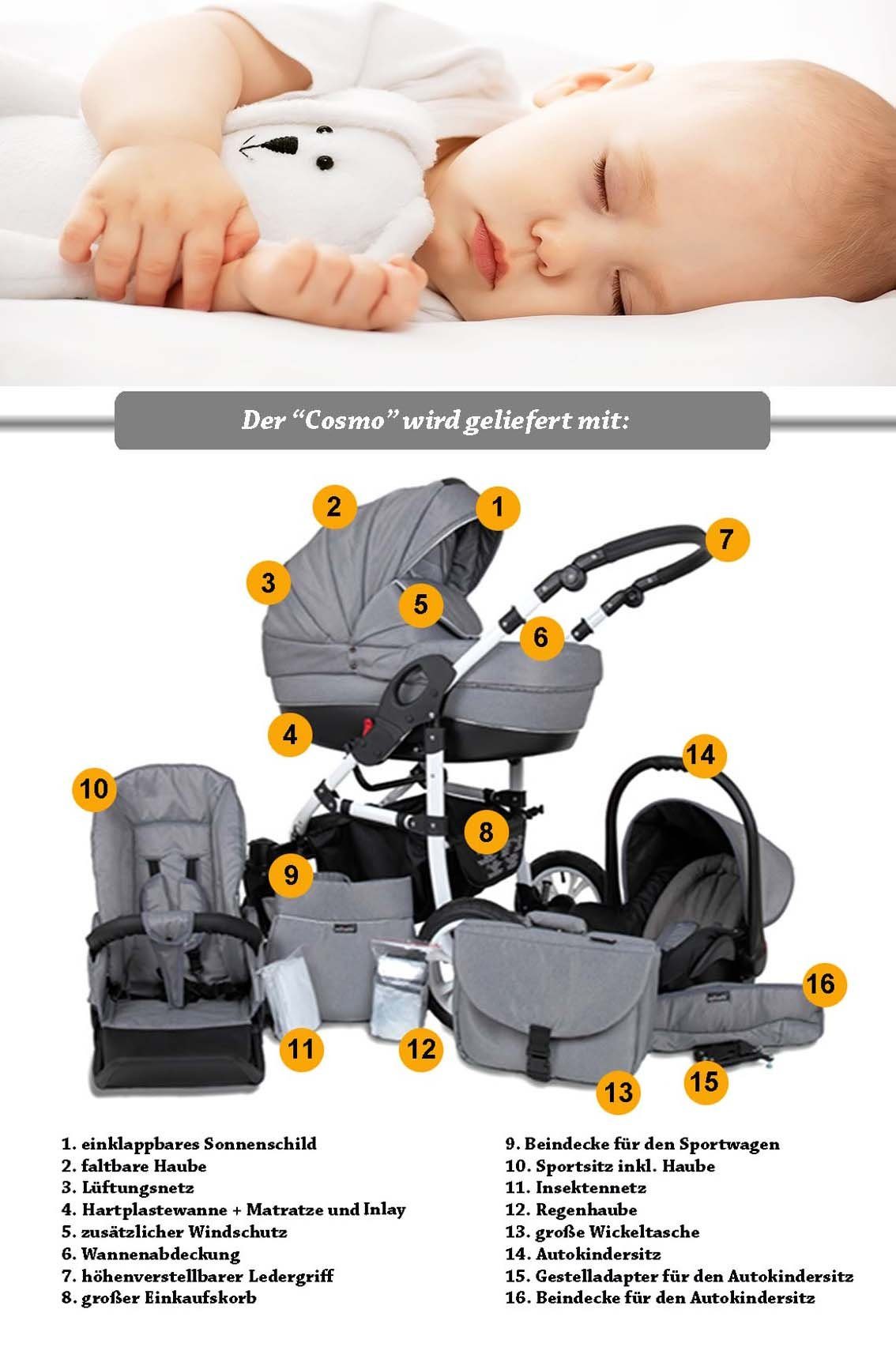 babies-on-wheels Kombi-Kinderwagen 3 in 1 Kinderwagen-Set Cosmo ECO - 16 Teile - in 29 Farben