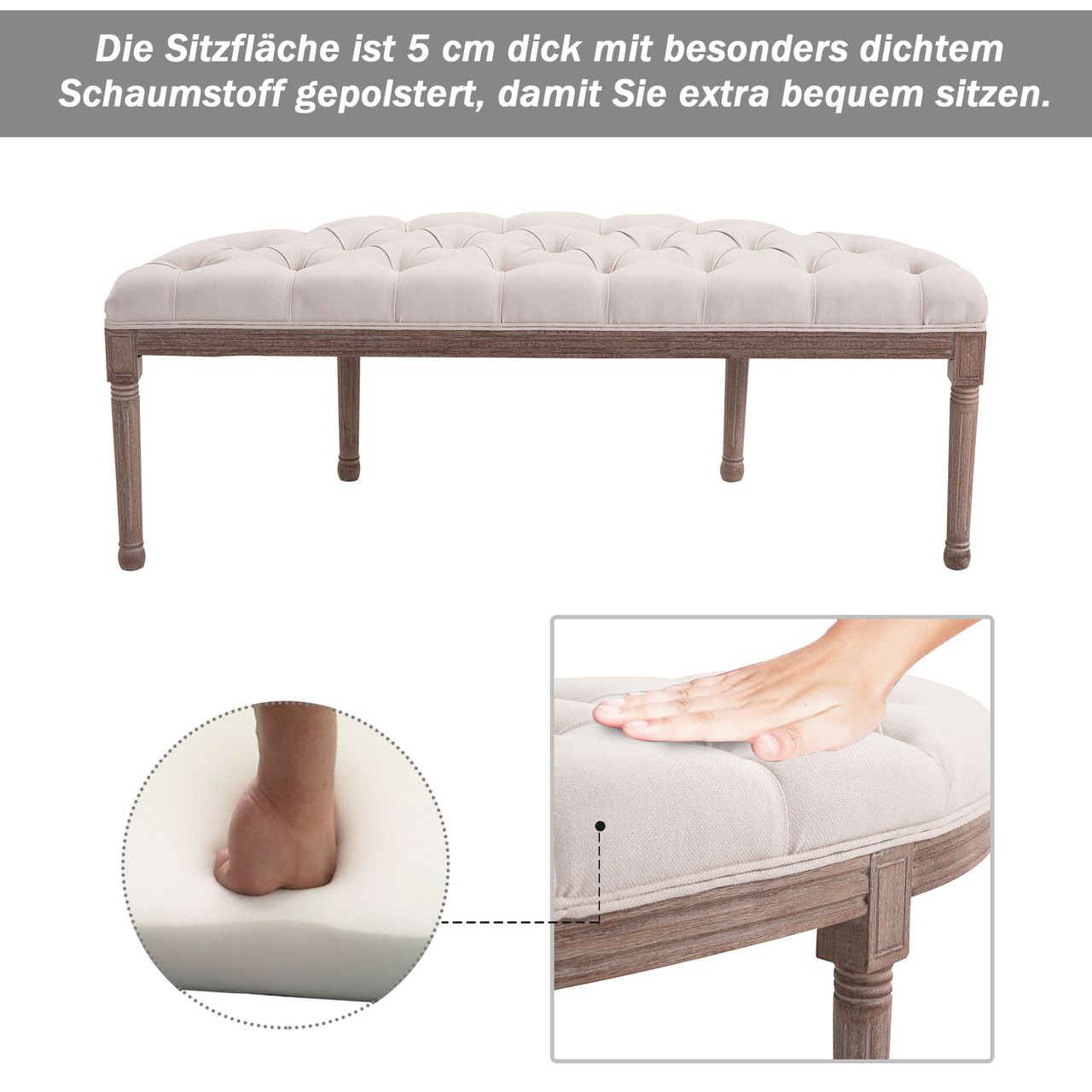 HOMCOM Polsterbank Sitzbank Lounge Sitzhocker Vintage Retro mit Knöpfen Sofa Couch Leinen   Holz beige 140,5 x 51 x 48 cm