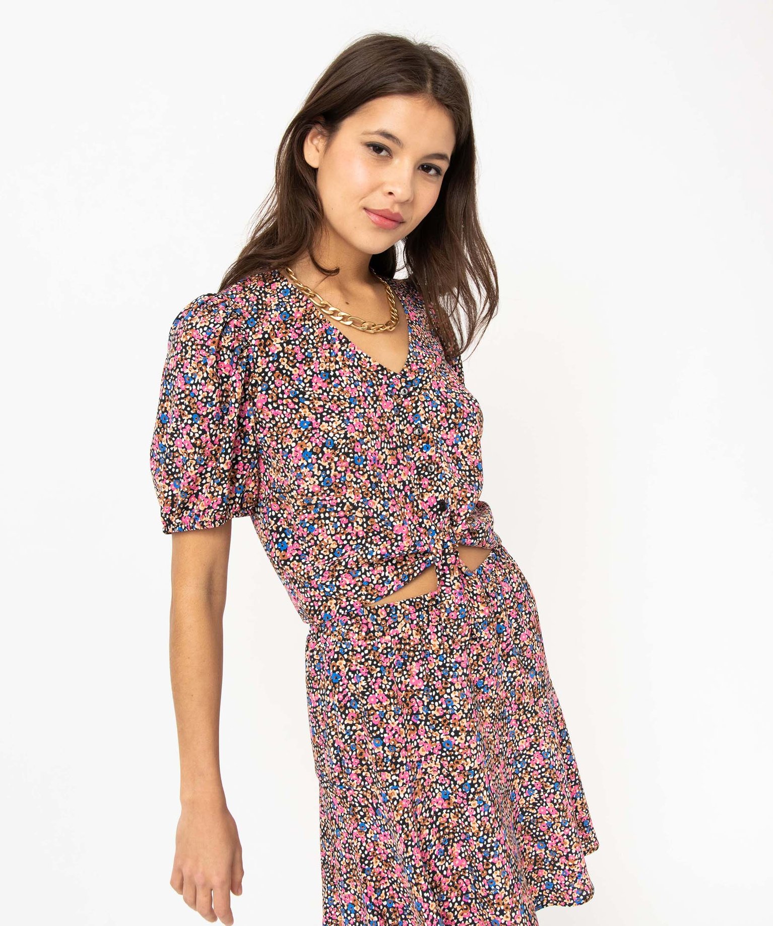 Blouse courte à fleurs et manches ballon femme imprime | GEMO