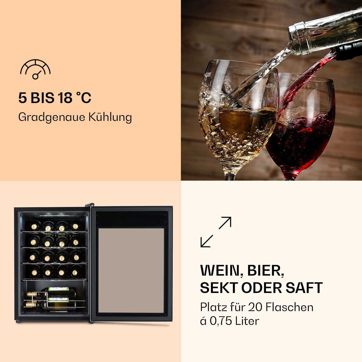 Klarstein Weinkühlschrank Ultimo 20 Uno, für 20 Standardflaschen á 0,75l,Wein Flaschenkühlschrank Weintemperierschrank Weinschrank Kühlschrank
