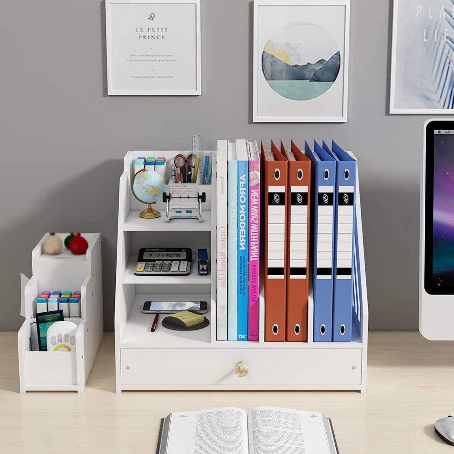 zggzerg Bücherregal Schreibtisch-Organizer, weiß, mit Schublade für Zuhause, Büro