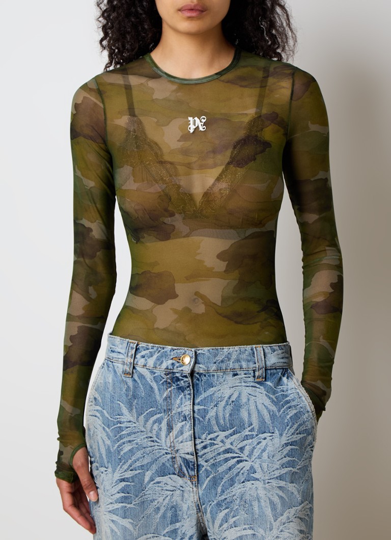 Body in rete semitrasparente Palm Angels con stampa mimetica e logo