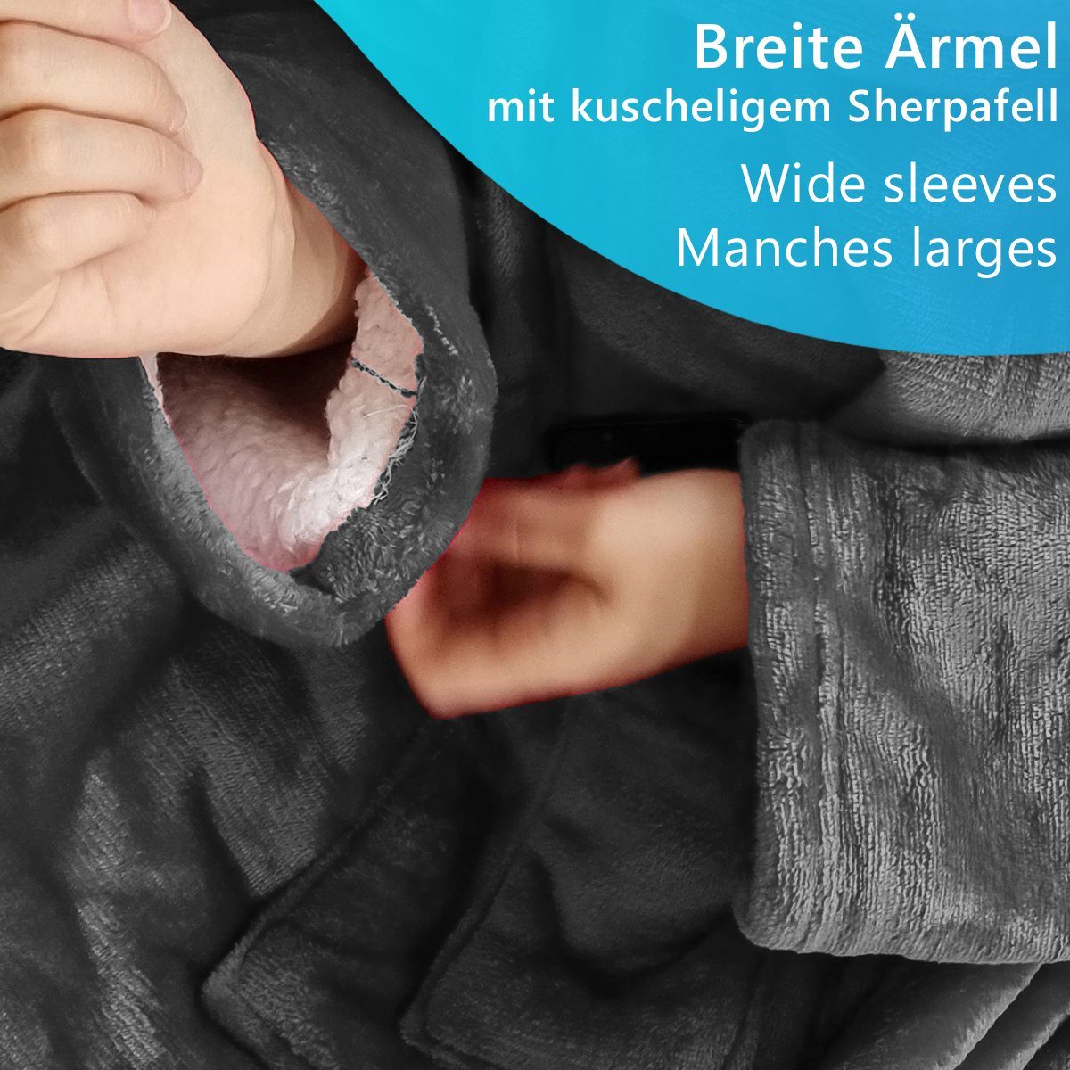 Wohndecke Ärmeldecke CozyWear mit wärmender Sherpa Innenseite Luxus TV Decke, NYVI, Tragbare Flannell Kuscheldecke mit Ärmeln, 2 Brusttaschen & Fußtasche