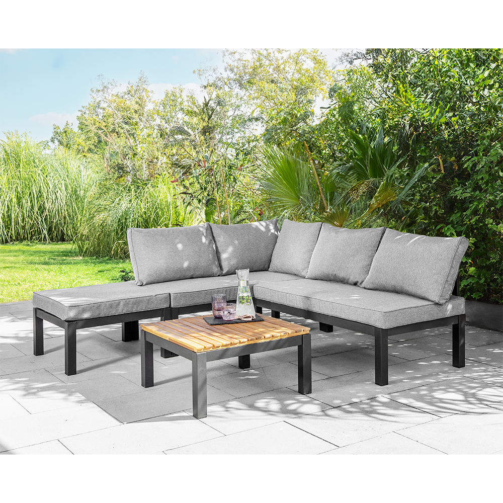 HC Garten & Freizeit Gartenset Ecklounge Outdoor mit Tisch 7 tlg. inklusive Kissen mit Tisch aus Akazienholz - Grau