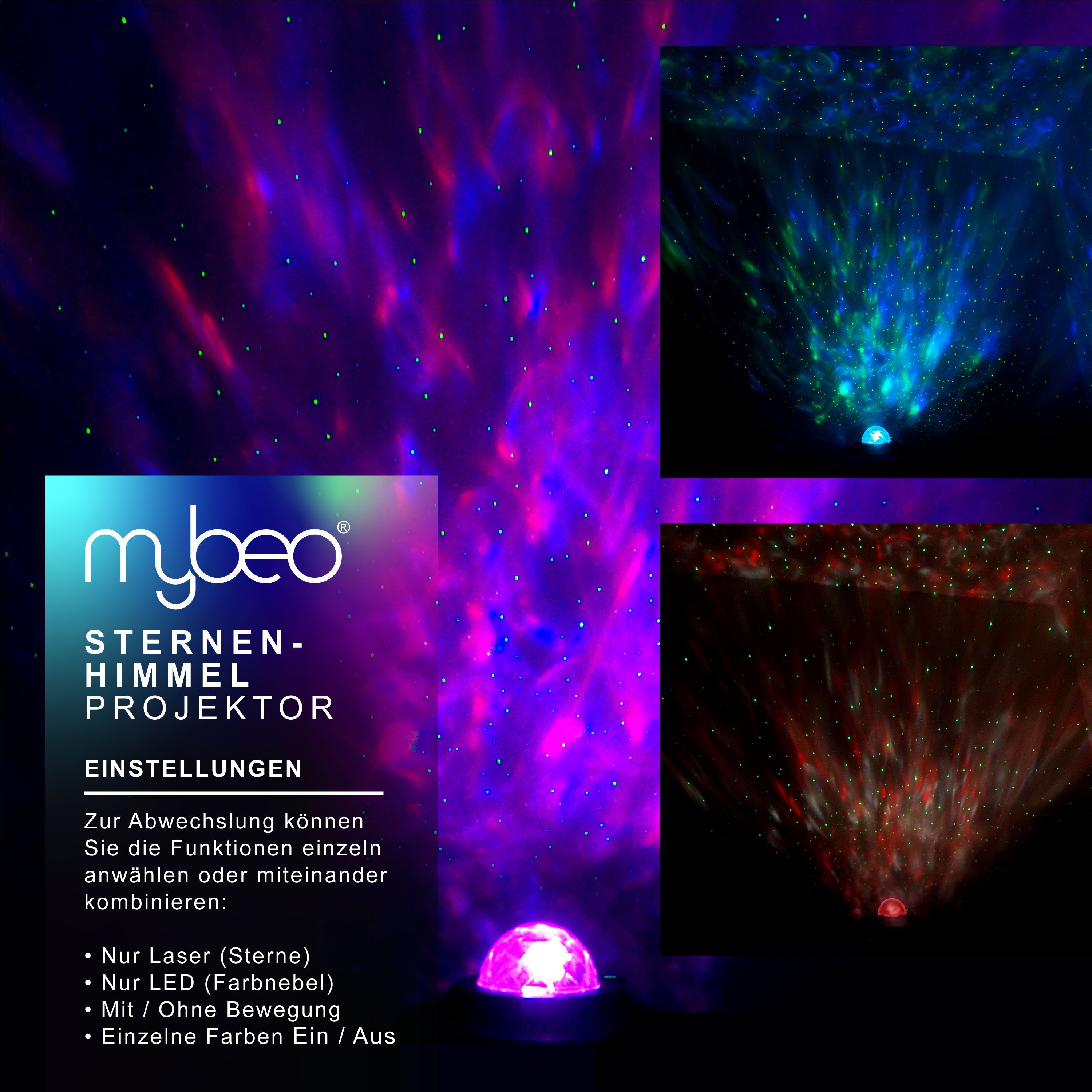 MyBeo LED-Sternenhimmel, Dimmfunktion; Ein-/Ausschalter; Farbwechsel, LED fest integriert, LED Sternenprojektor 360°, Timer, Kinder, Sternenhimmel Nachtlicht