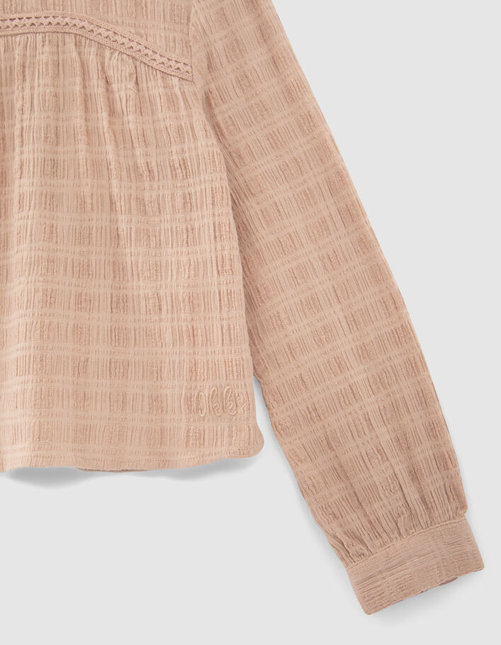 Blouse rose gaufrée avec tulle au col fille