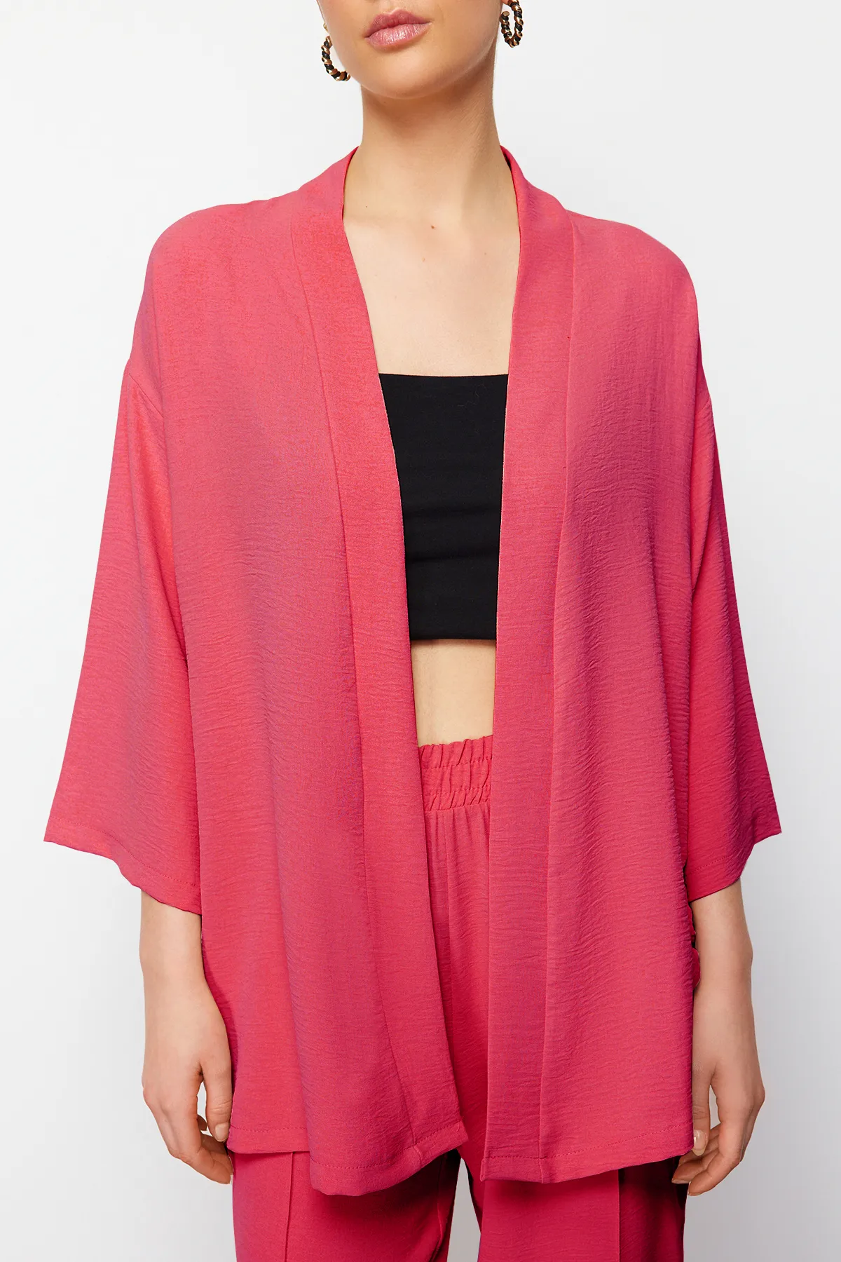 Trendyol Collection  Fuchsia gewebtes Kimono-Hosen-Ober- und Unterteil-Set TWOSS24AU00037