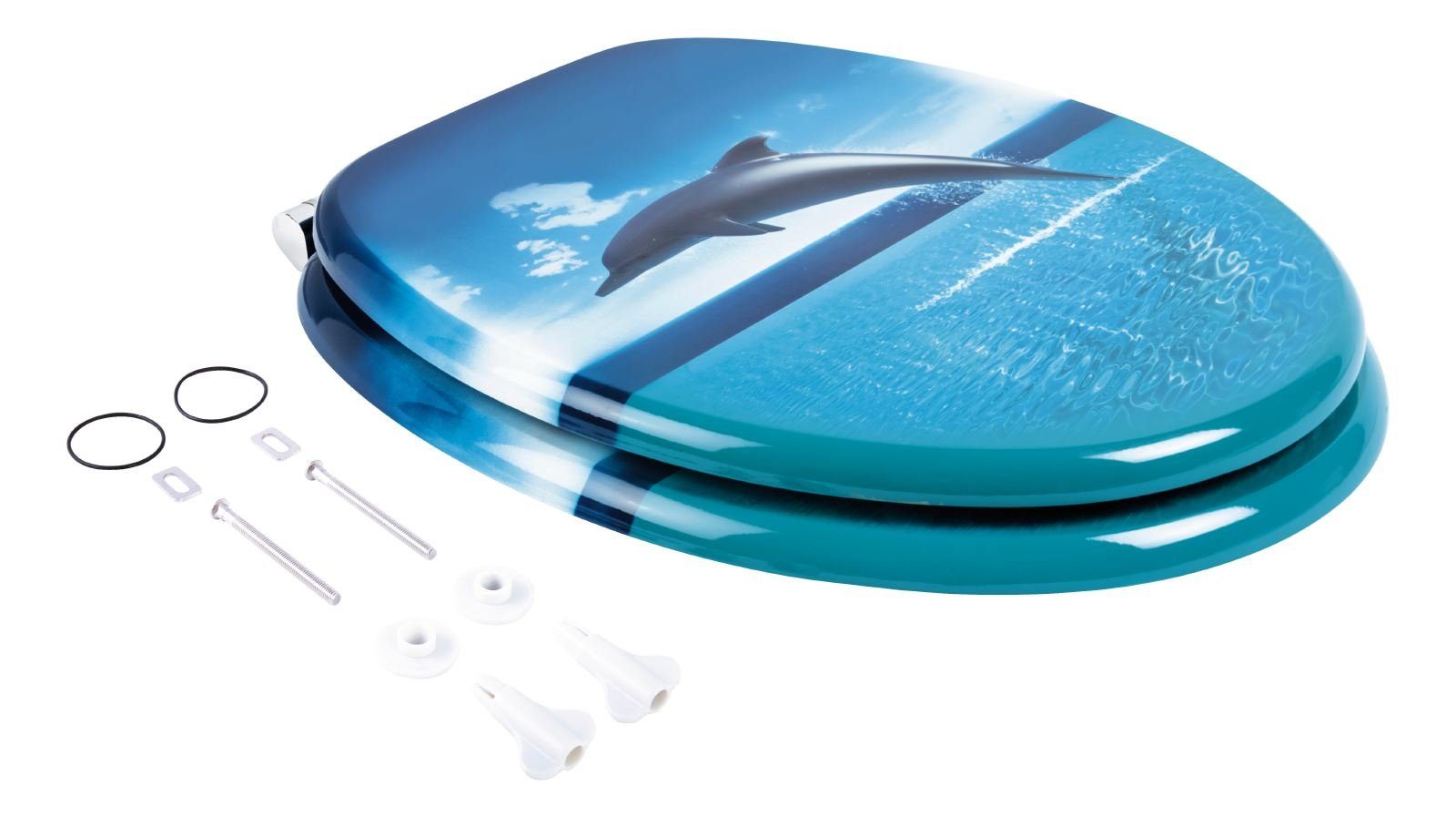 Calmwaters WC-Sitz Motiv Delfine & Fische , Motiv Delfin, Holzkern, Absenkautomatik, Montage von unten, 26LP2835