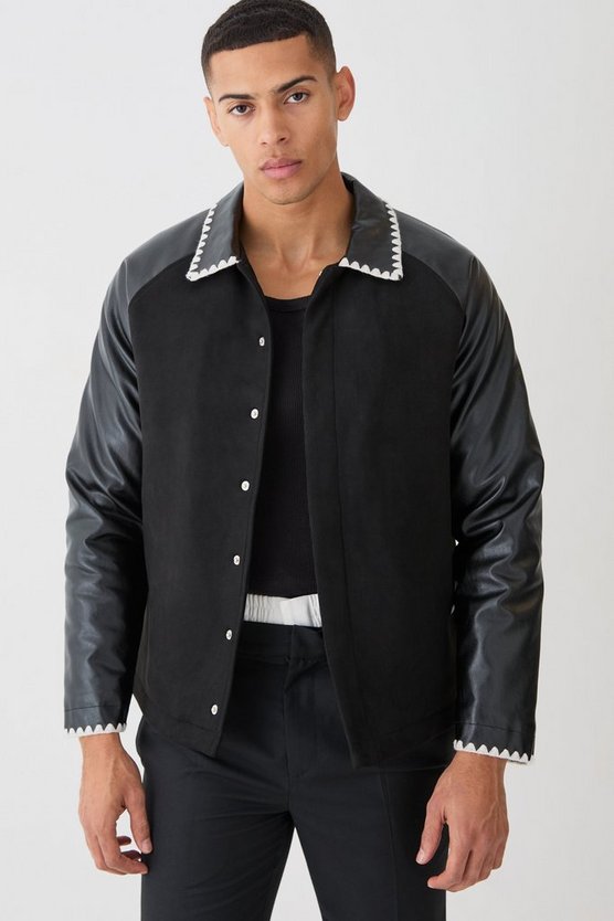 Harrington-Jacke aus Wildlederimitat und PU-Ärmeln