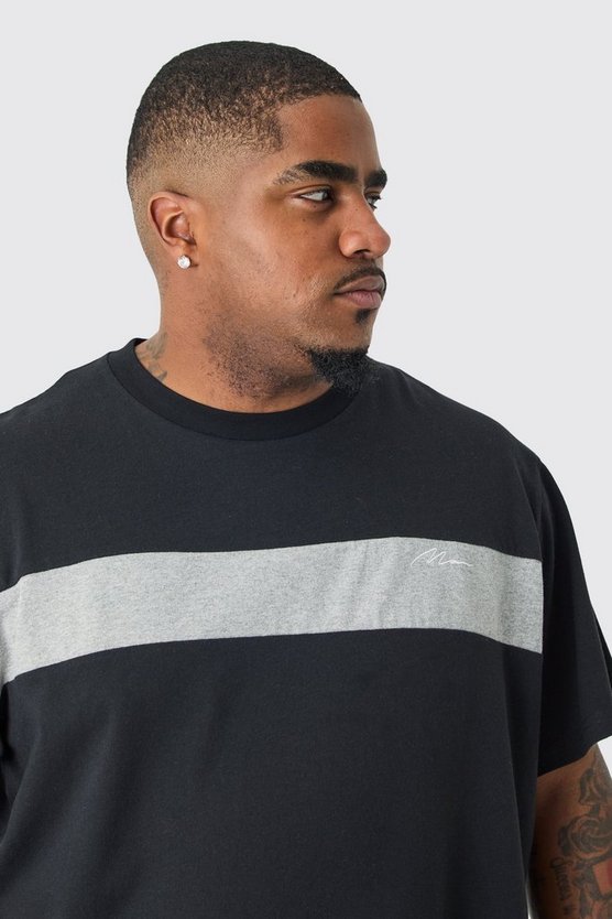 Plus schwarzes Colorblock T-Shirt mit Man-Schriftzug