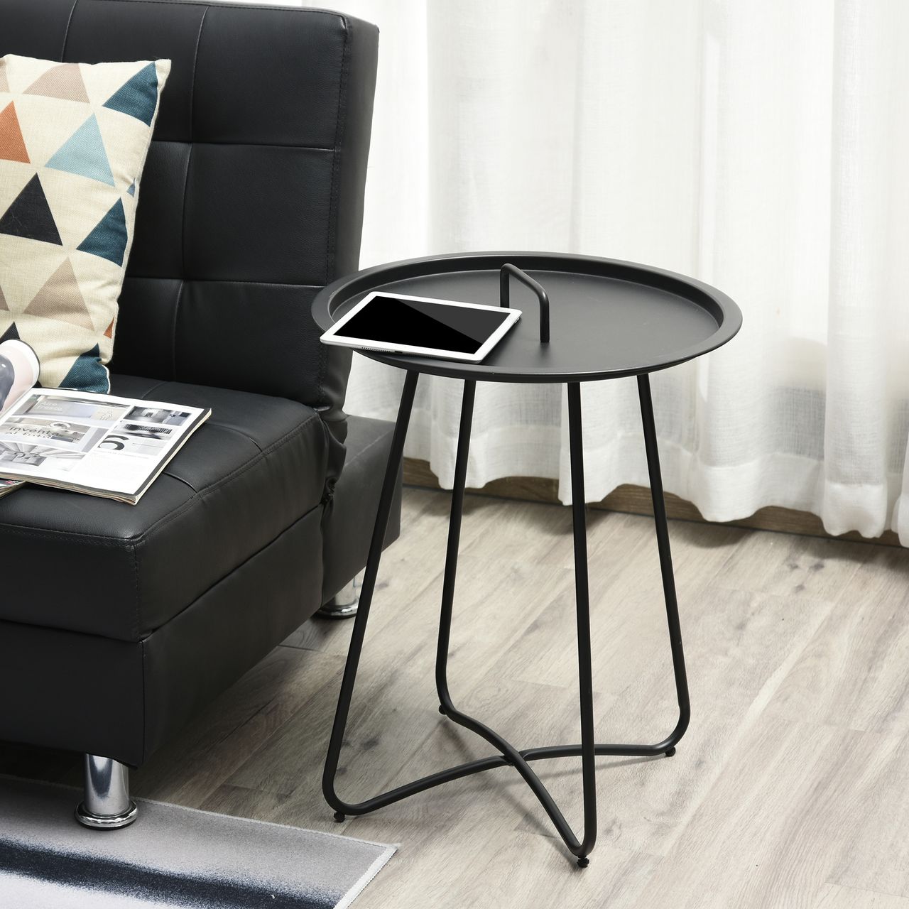 Outsunny Beistelltisch für Garten Couchtisch Kaffeetisch mit Tragegriff Wohnzimmer Metall Schwarz Ø46 x 56H cm