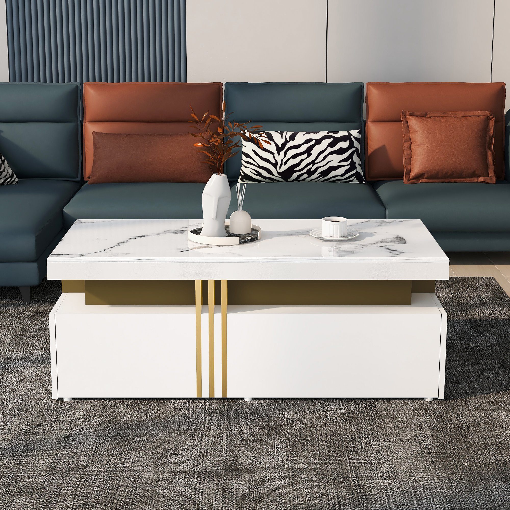 Odikalo Couchtisch Teetisch rechteckig Wohnzimmer 2 Holzschubladen Marmor Schwarz/Weiß