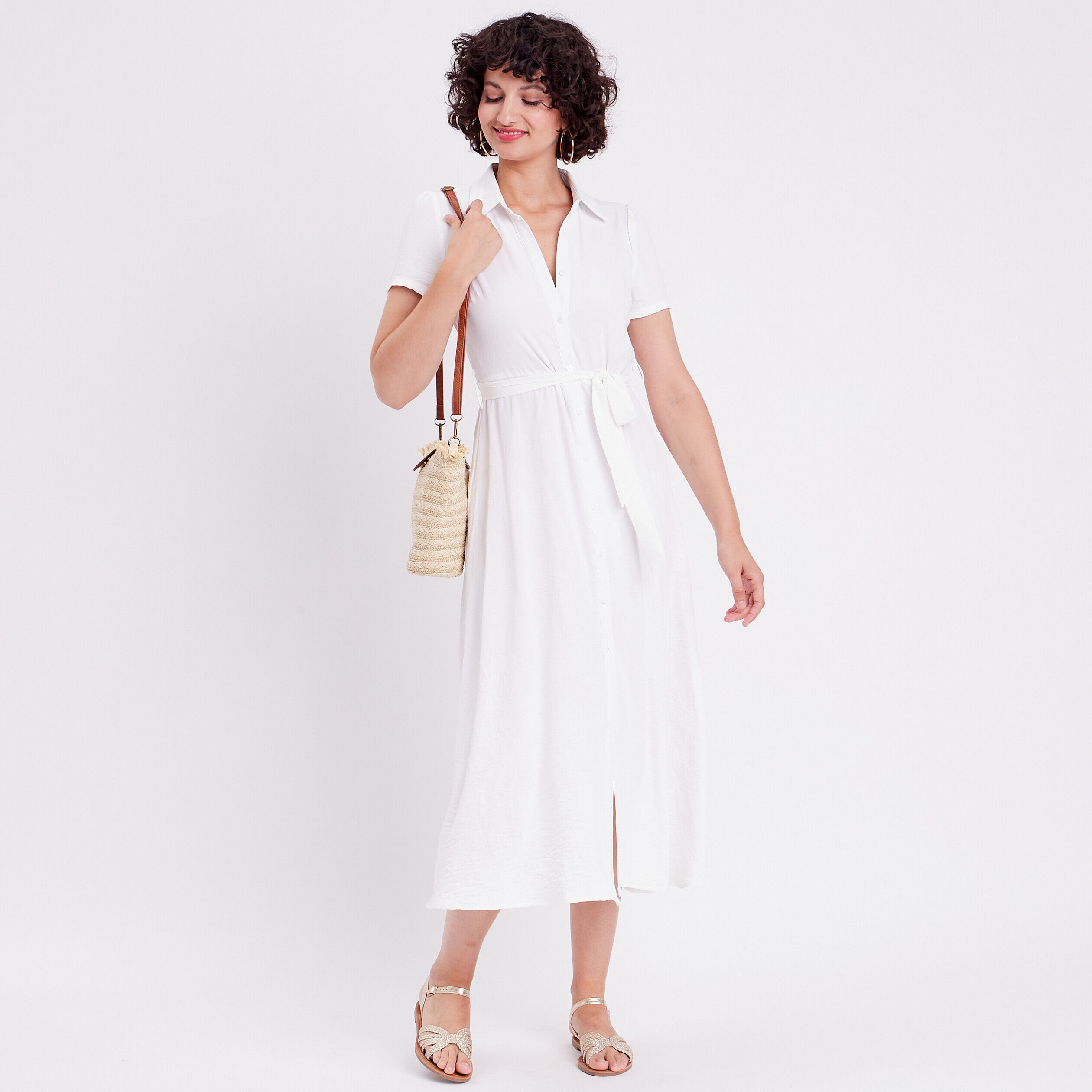 Robe chemise midi droite ecru femme | Cache Cache