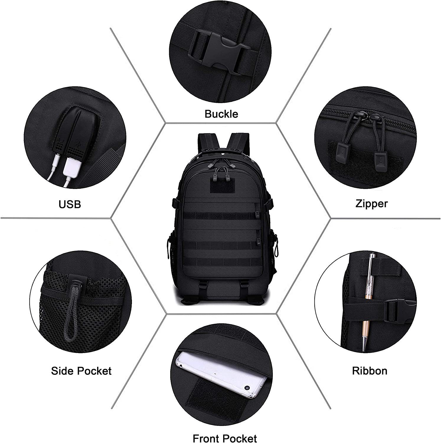 Directin Tourenrucksack Rucksack Taktische Motorrad Wanderrucksack Outdoor Wasserdicht (Wandern, Radsport, Trekking, Camping), mit USB-Anschluss, Campus Daypack Jagdrucksack Schulrucksack