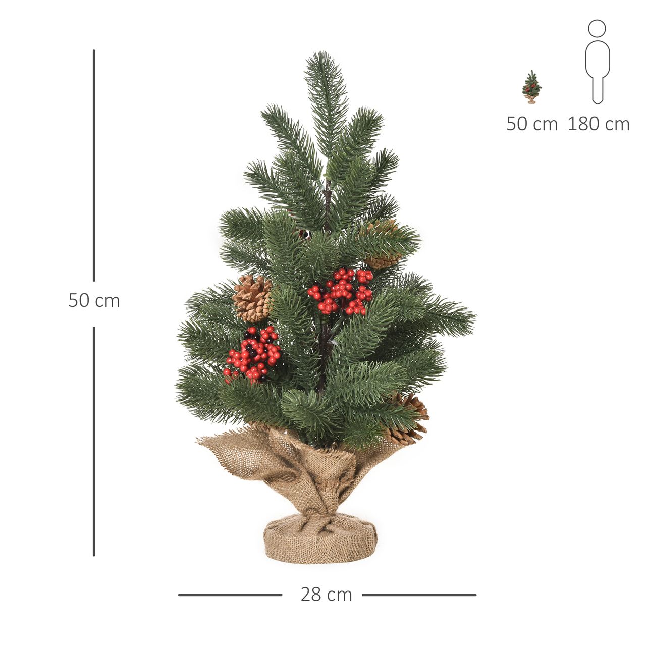 HOMCOM Weihnachtsbaum 50 cm Christbaum mit 4 roten Beeren und 4 Tannenzapfen Kunsttanne 55 Zweige Stabiler und haltbarer Sockel für Tisch und Schreibtisch PE Zement Sackleinen Grün Ø28 x 50 cm