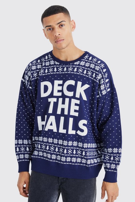 Oversize Weihnachtspullover mit Deck The Halls Print