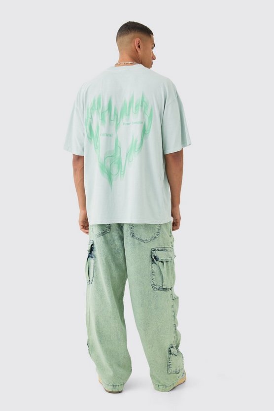Oversized Extended Neck Wash Flame Heart Back Print T-shirt