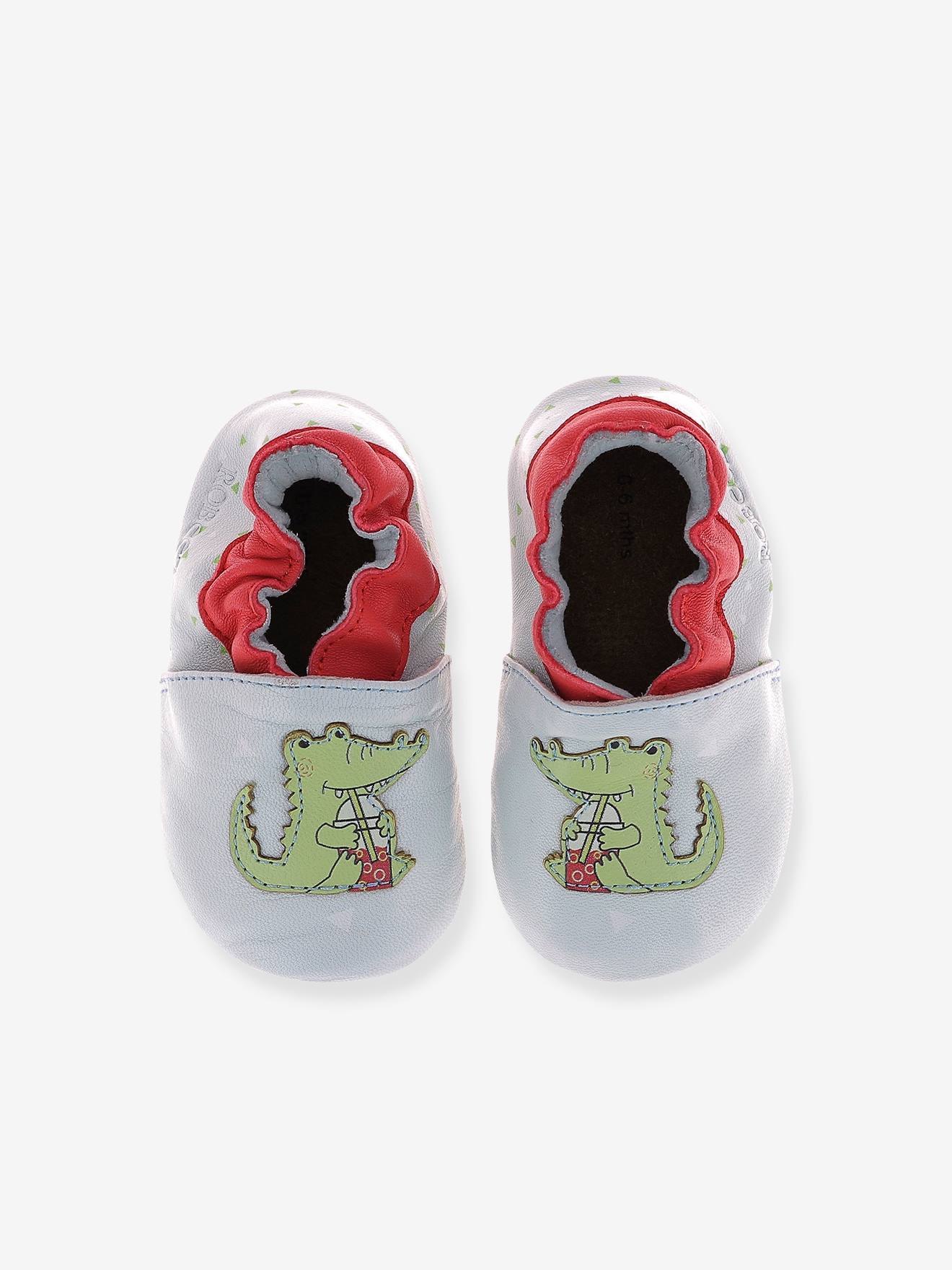 Chaussons cuir souple bébé Relax Croco ROBEEZ© bleu ciel