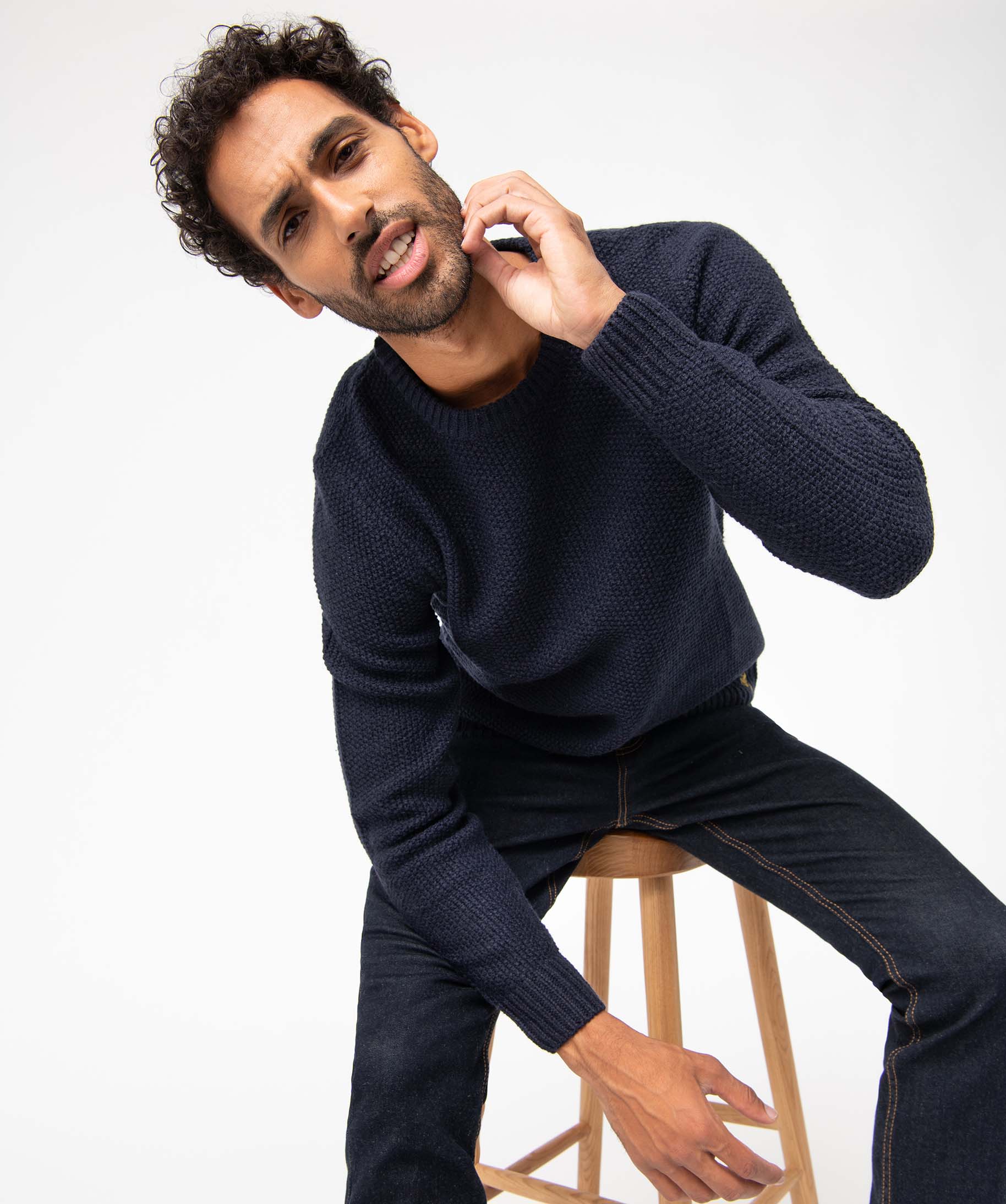 Pull homme en maille fantaisie contenant de la laine bleu fonce | GEMO