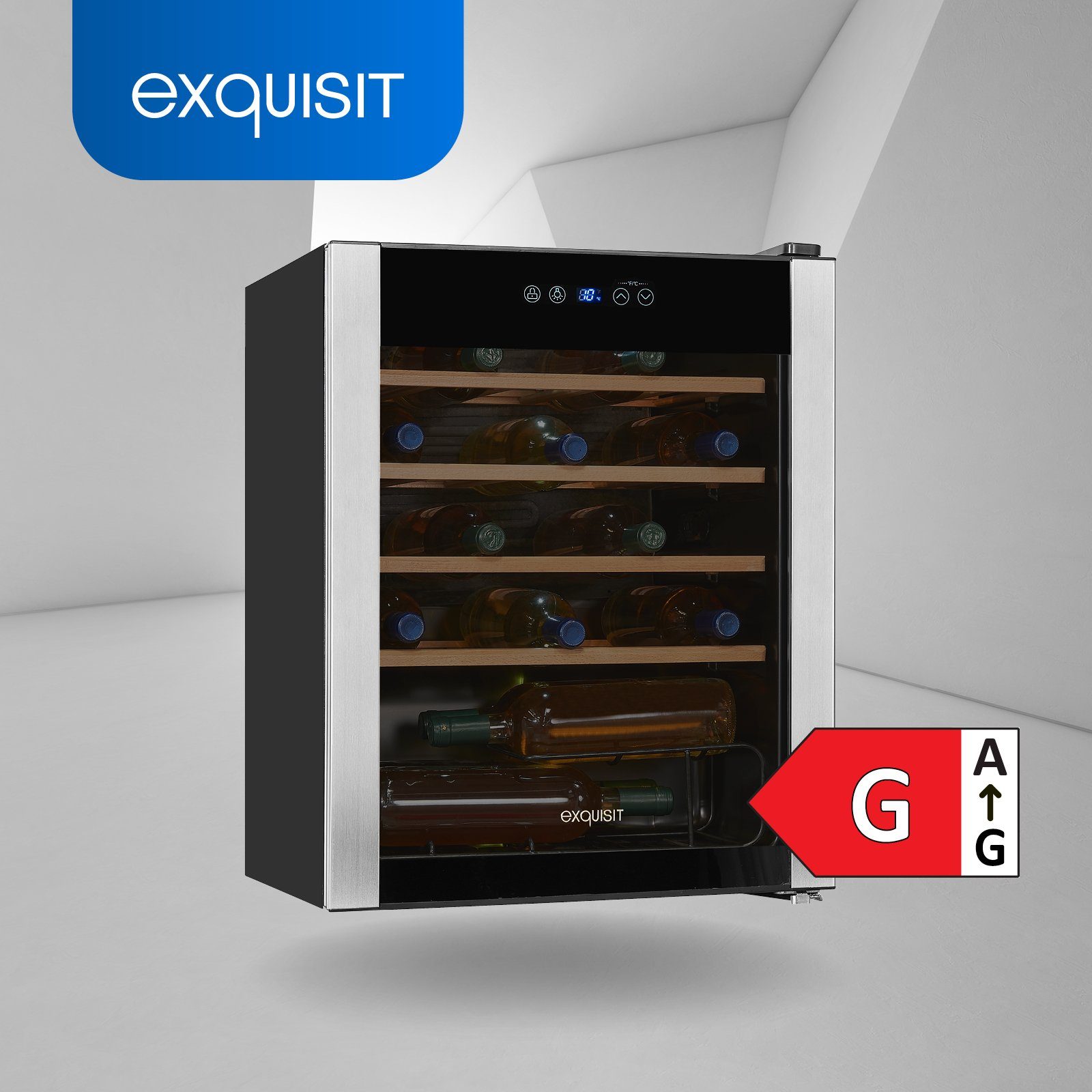 exquisit Weinkühlschrank WS1-24-GTE-030G, für 24 Standardflaschen á 0,75l, flexible Kühlung Ihre Weine mit digitaler Kontrolle und LED-Beleuchtung