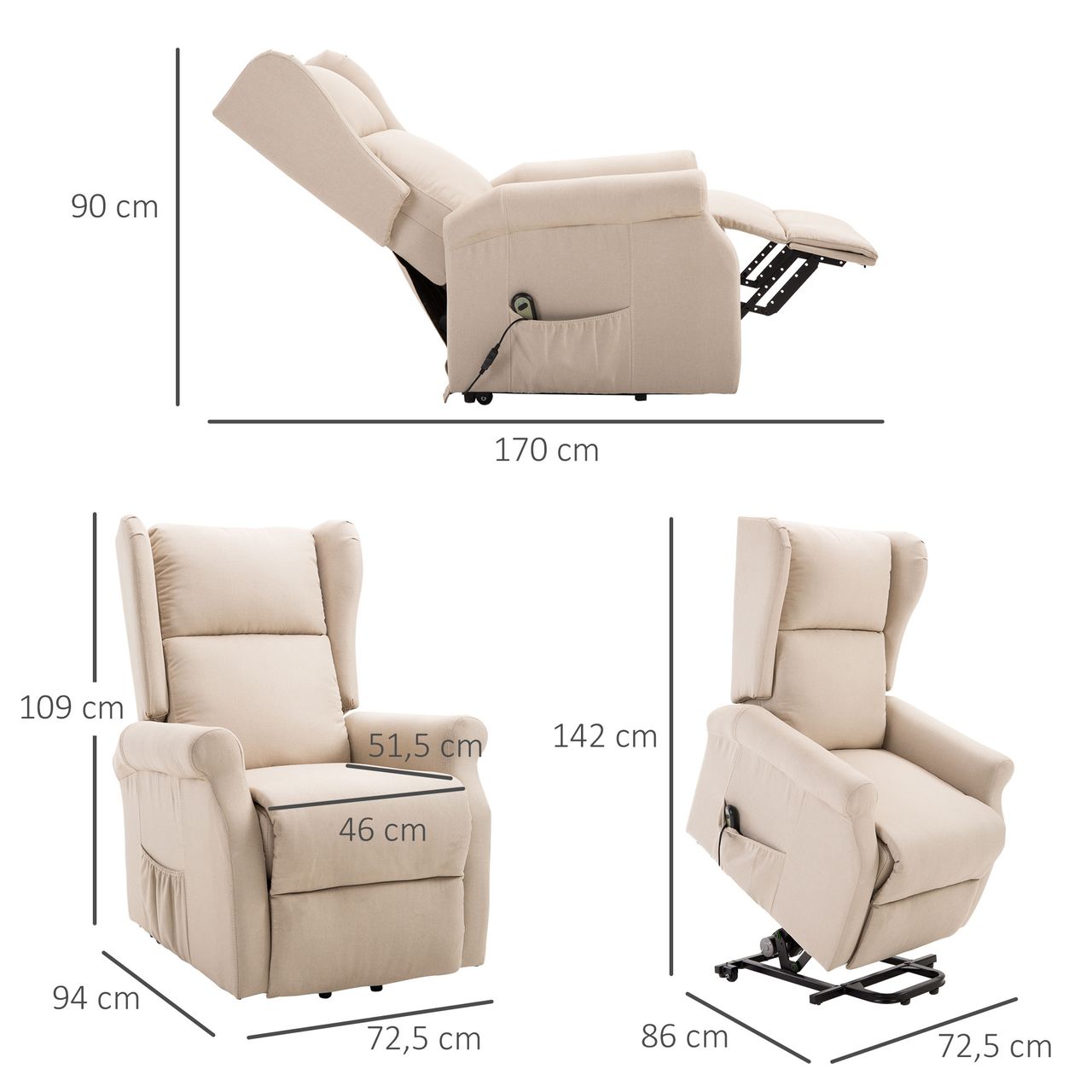 HOMCOM Aufstehsessel Fernsehsessel mit Aufstehhilfe elektrisch Liegefunktion Leinen Creme 72,5 x 94 x 109cm