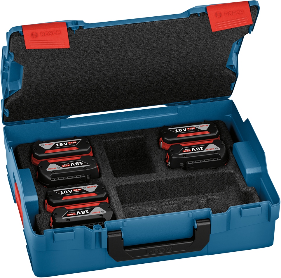 Bosch Blue Zubehör 1600A02A2S Akku-Set in L-Boxx – 6 x GBA 18V 4,0 Ah Akku (18 Volt 4,0 Ah Li-Ion)
