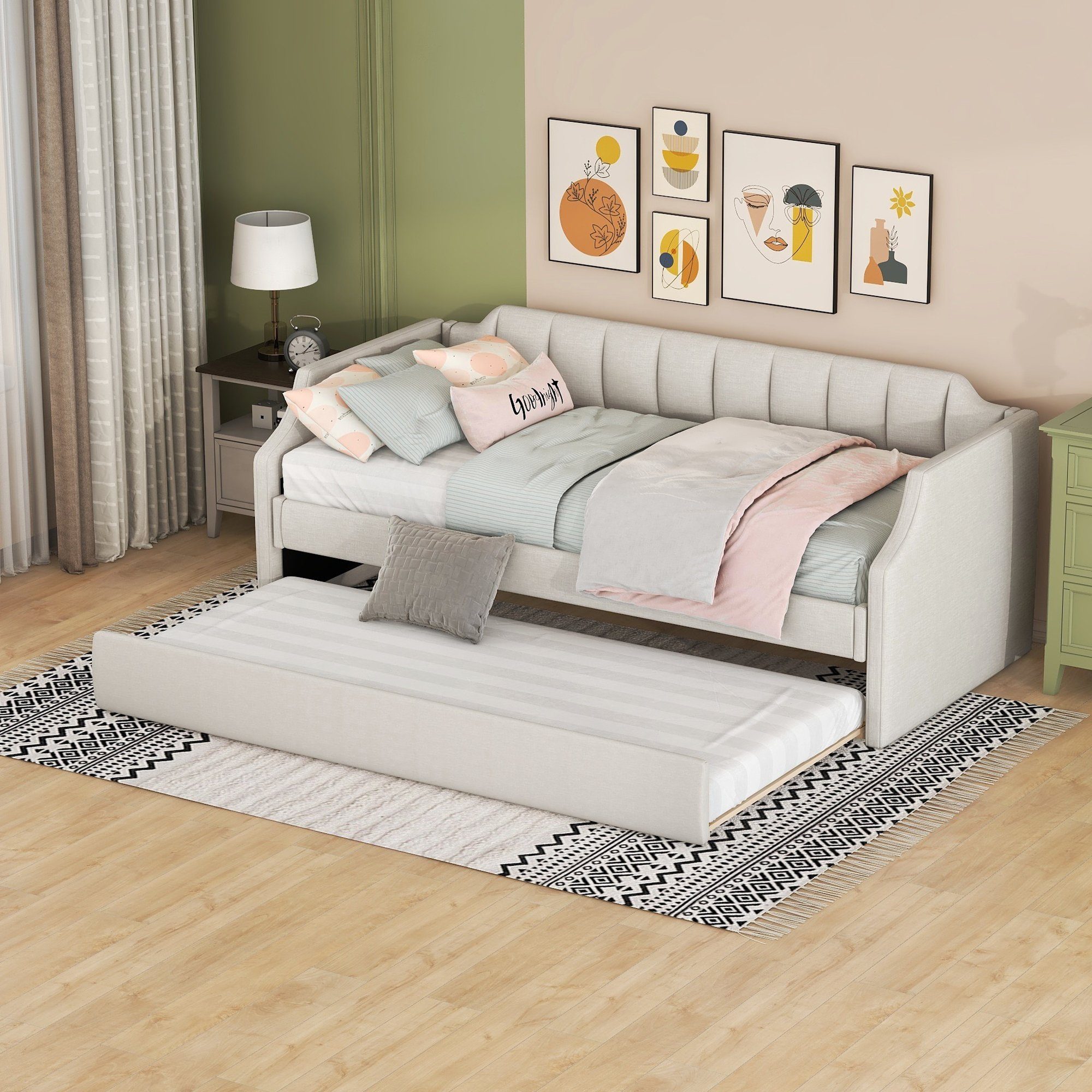 WISHDOR Einzelbett Schlafsofa, Gästebett, Funktionsbetten, ausziehhare Liegeffäche (Gepolstertes Single Daybed mit Rollbett, 90 x 200(190) cm), Ohne Matratze